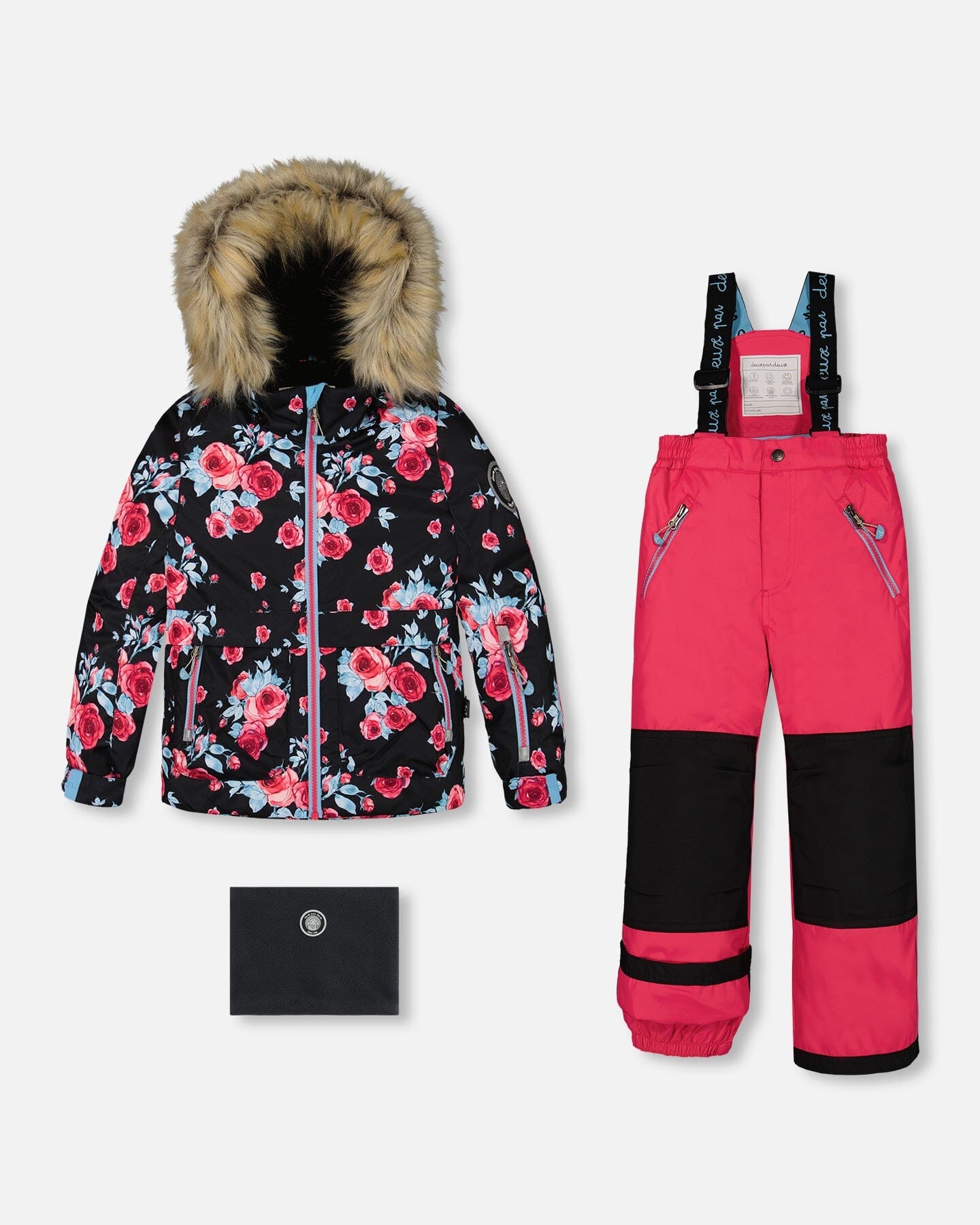 Two Piece Snowsuit Black Printed Rose With Fuschia Pink by Deux par Deux