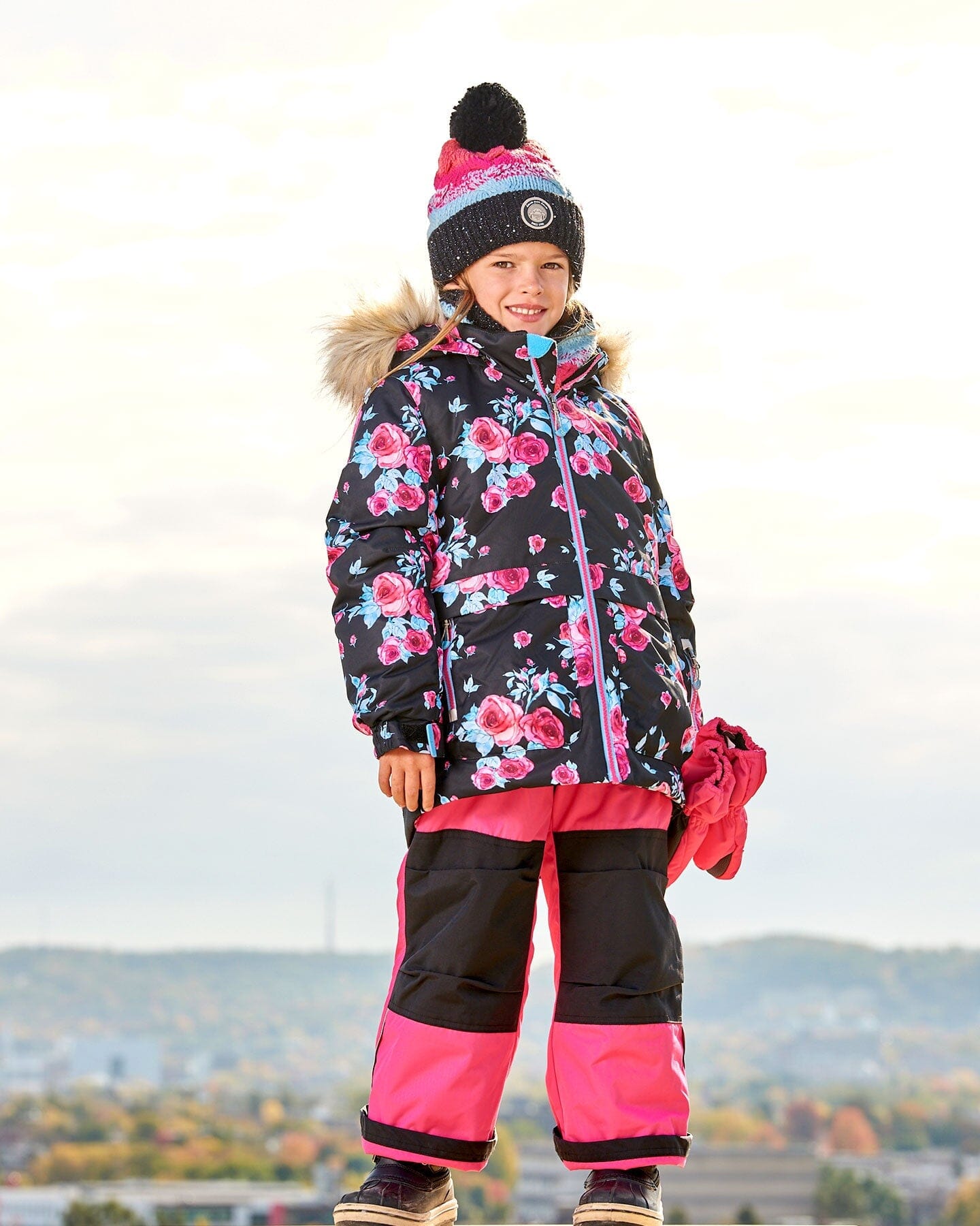 Two Piece Snowsuit Black Printed Rose With Fuschia Pink by Deux par Deux