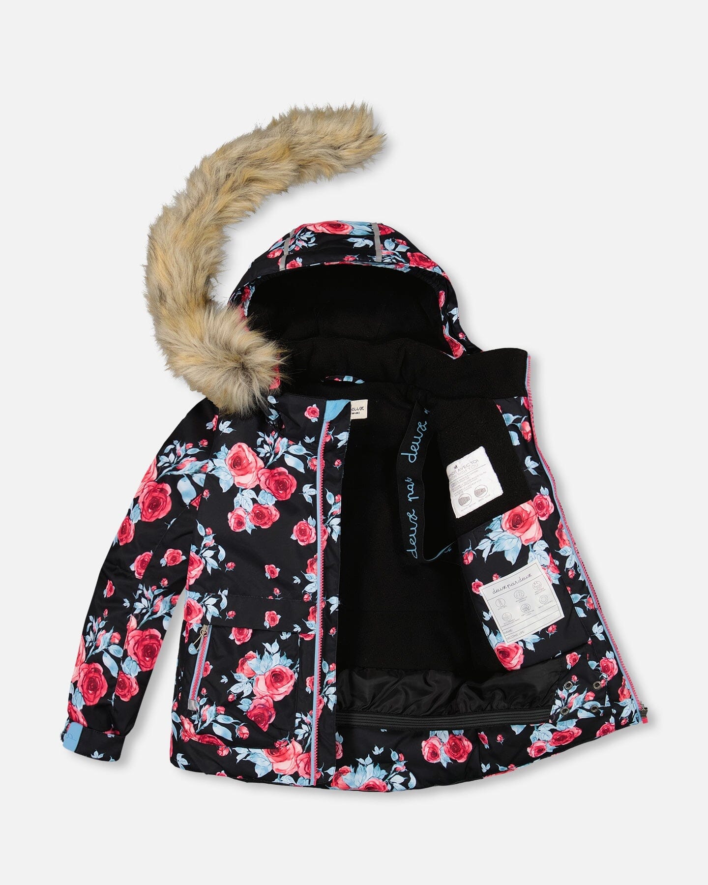 Two Piece Snowsuit Black Printed Rose With Fuschia Pink by Deux par Deux