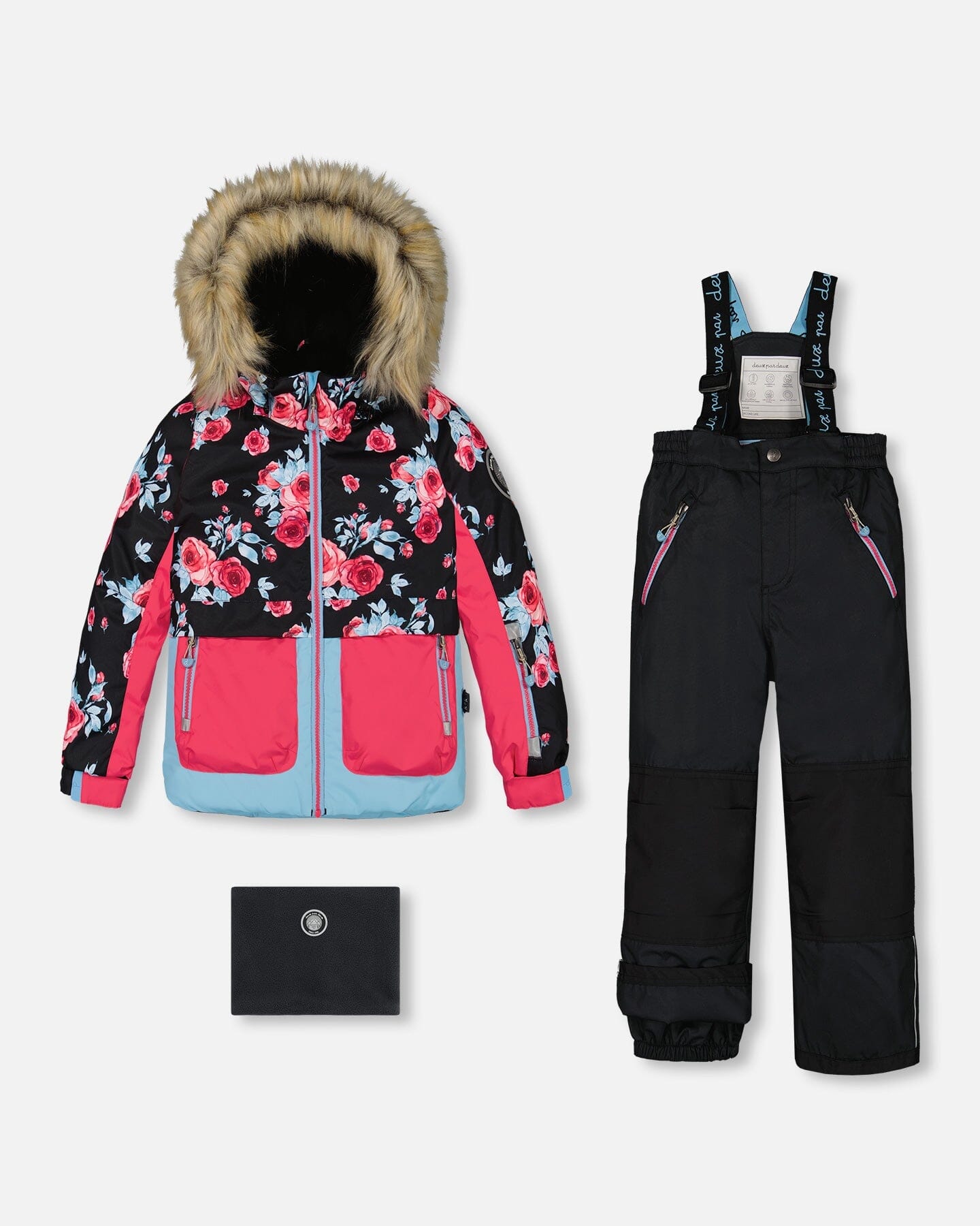 Two Piece Snowsuit Printed Roses With Solid Pant Black by Deux par Deux