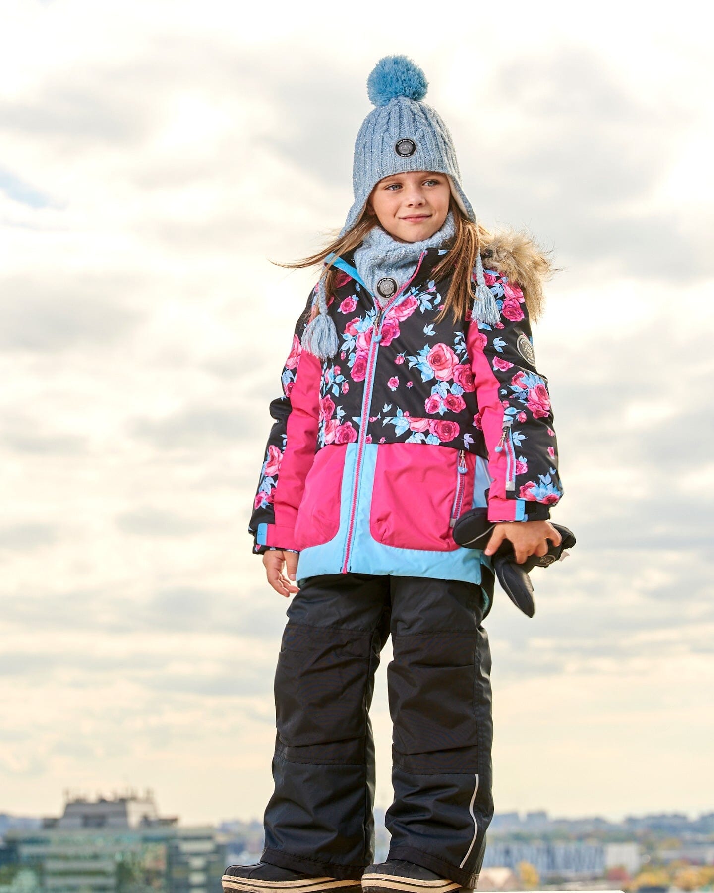 Two Piece Snowsuit Printed Roses With Solid Pant Black by Deux par Deux