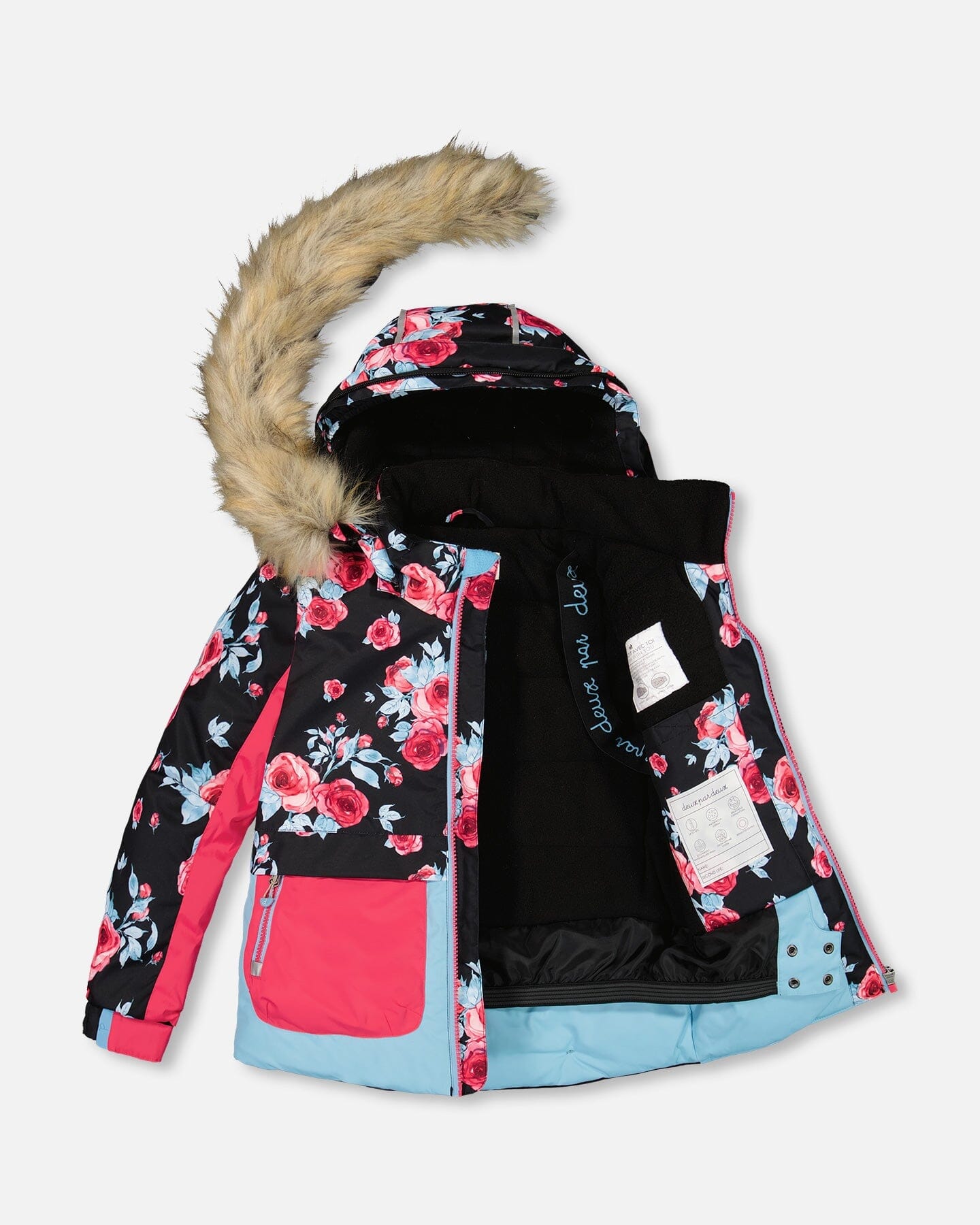 Two Piece Snowsuit Printed Roses With Solid Pant Black by Deux par Deux