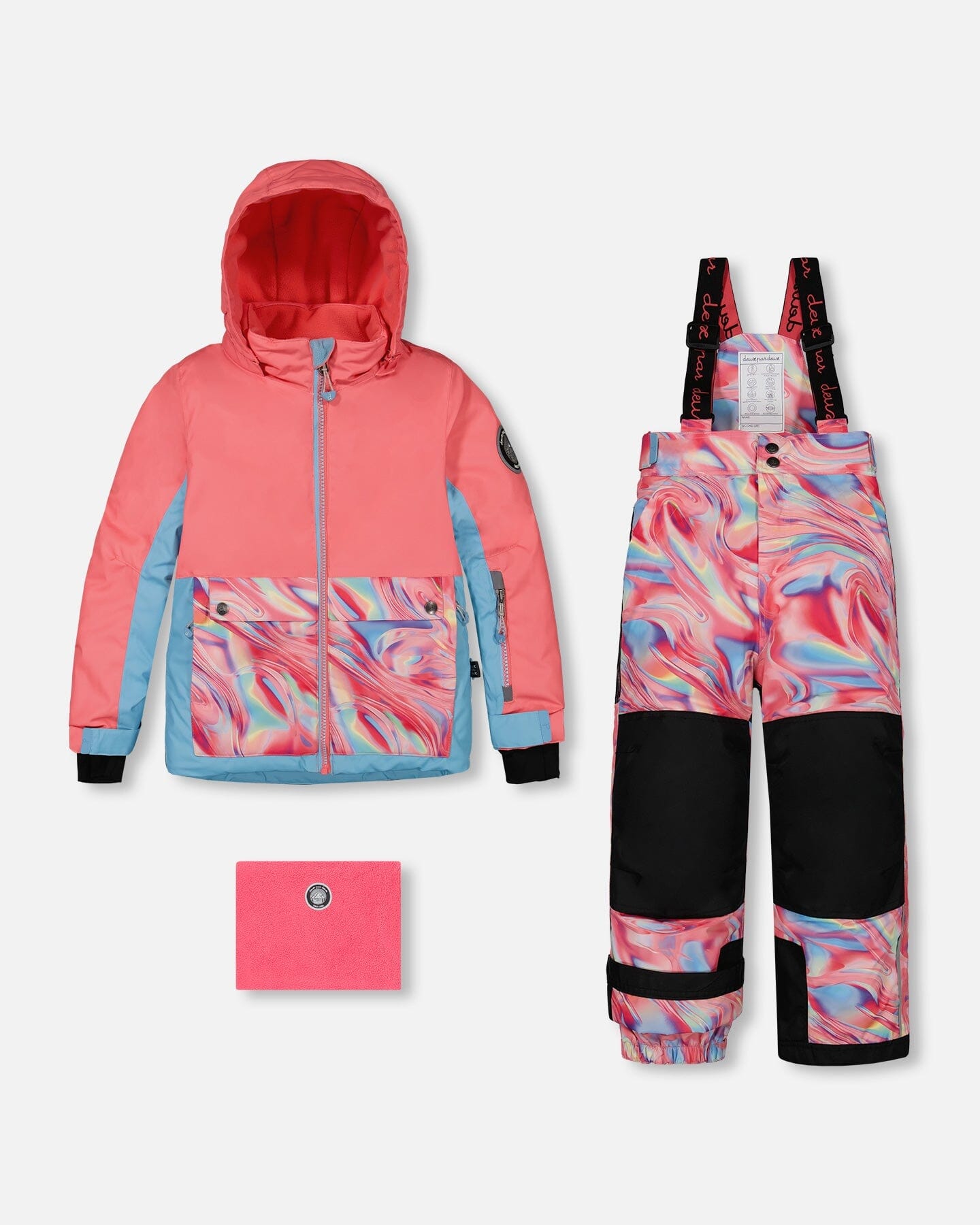 Two Piece Snowsuit Colorblock Coral And Air Blue With Printed Marble by Deux par Deux