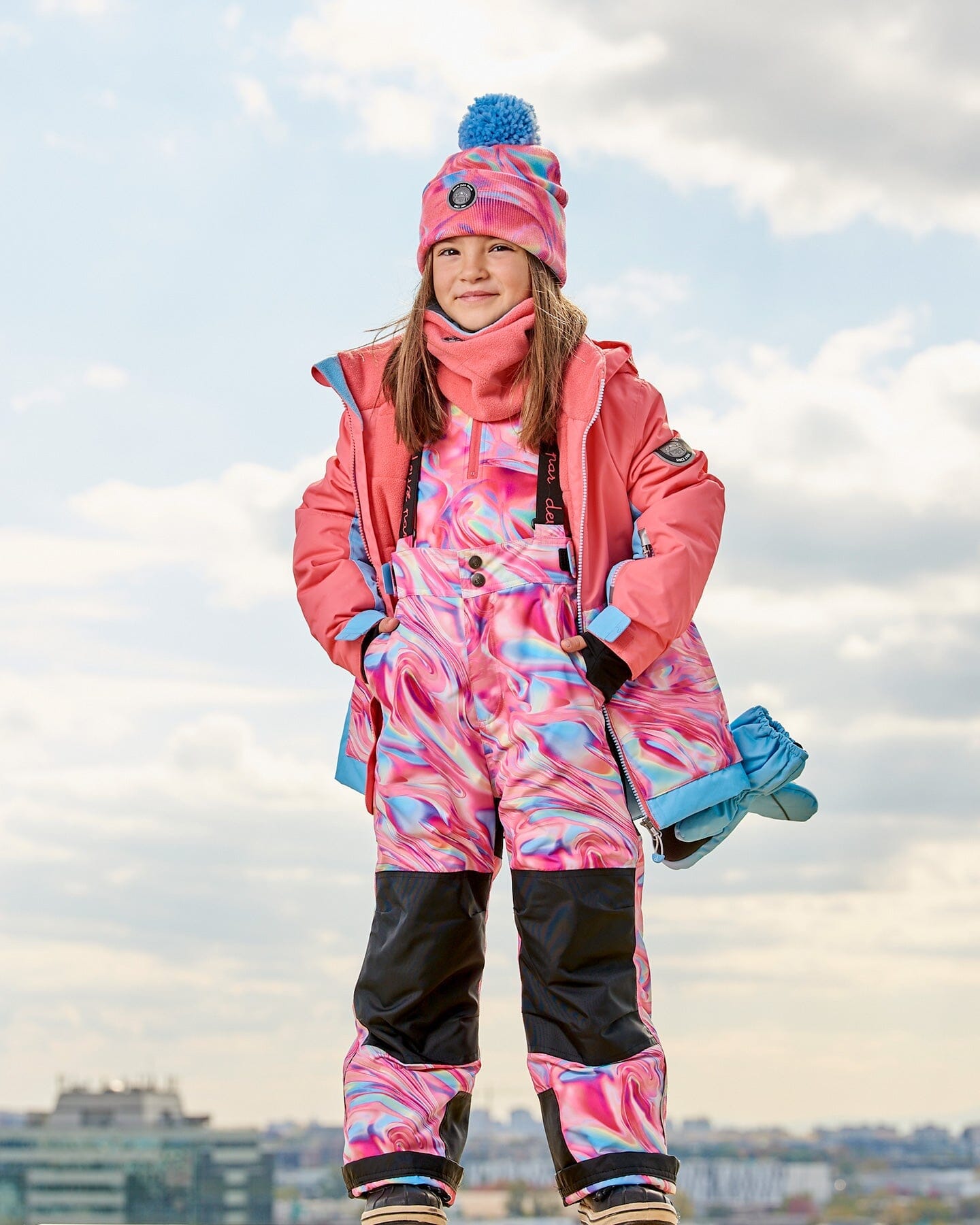 Two Piece Snowsuit Colorblock Coral And Air Blue With Printed Marble by Deux par Deux