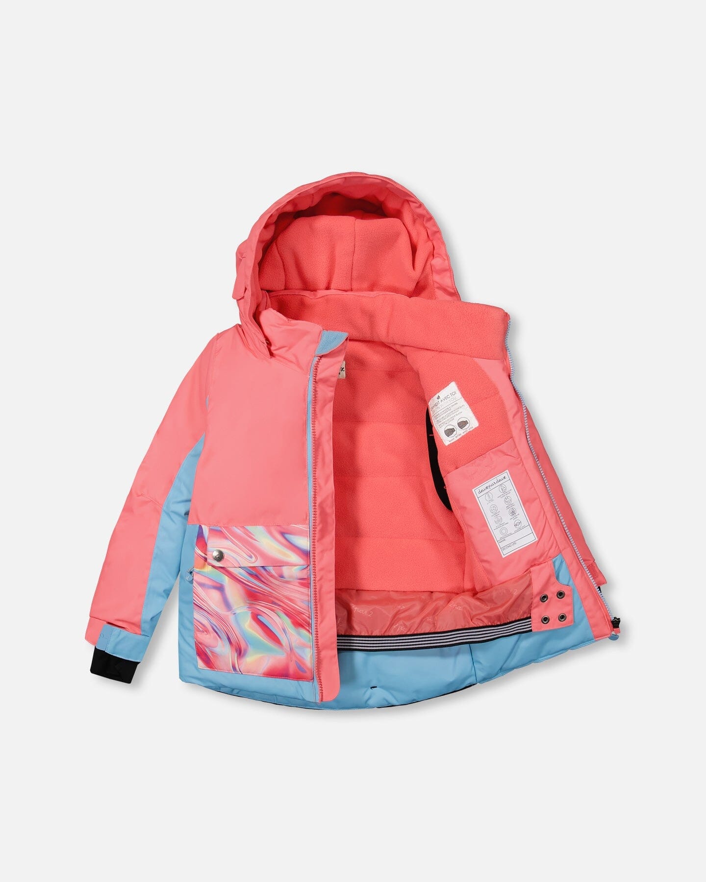 Two Piece Snowsuit Colorblock Coral And Air Blue With Printed Marble by Deux par Deux