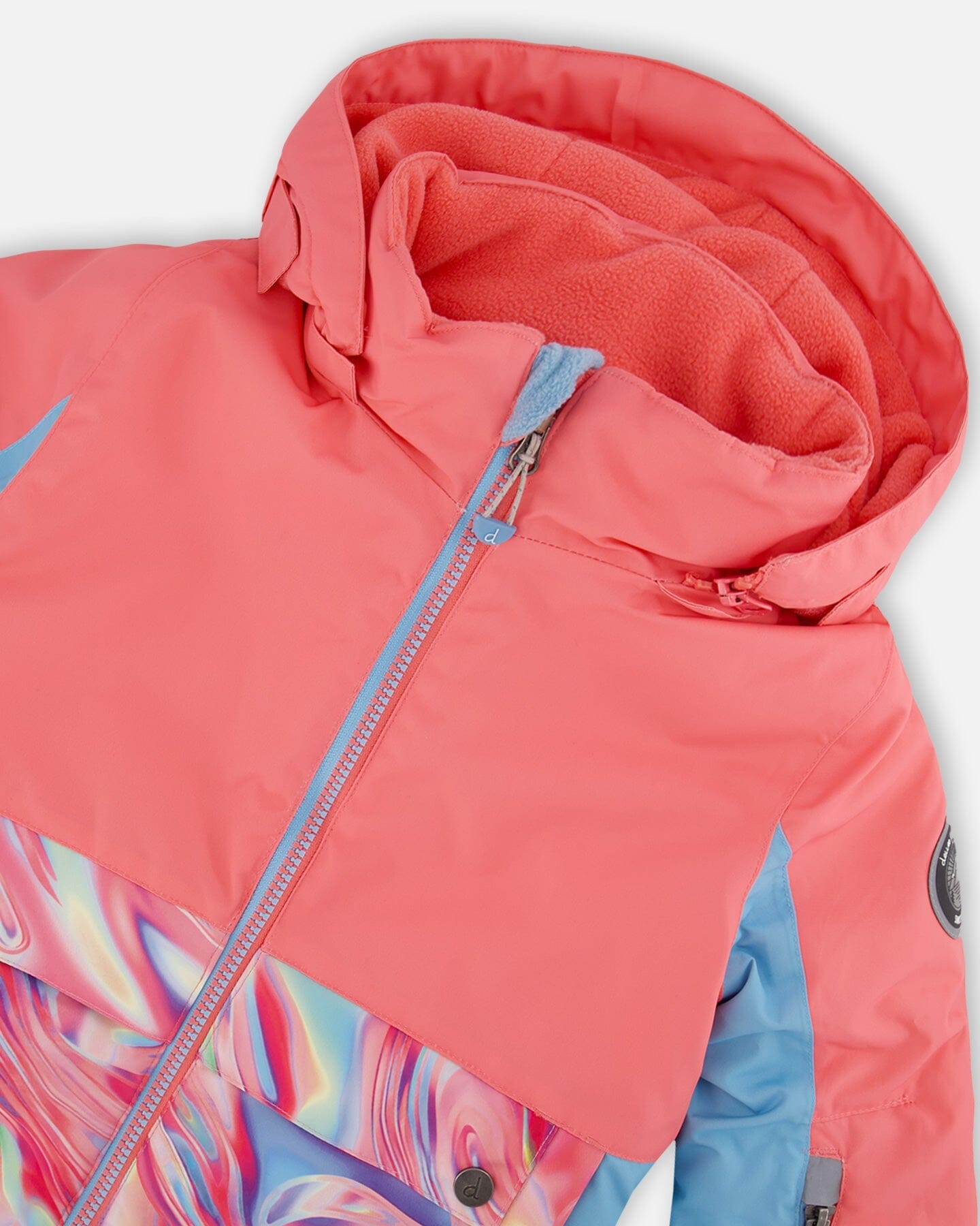 Two Piece Snowsuit Colorblock Coral And Air Blue With Printed Marble by Deux par Deux