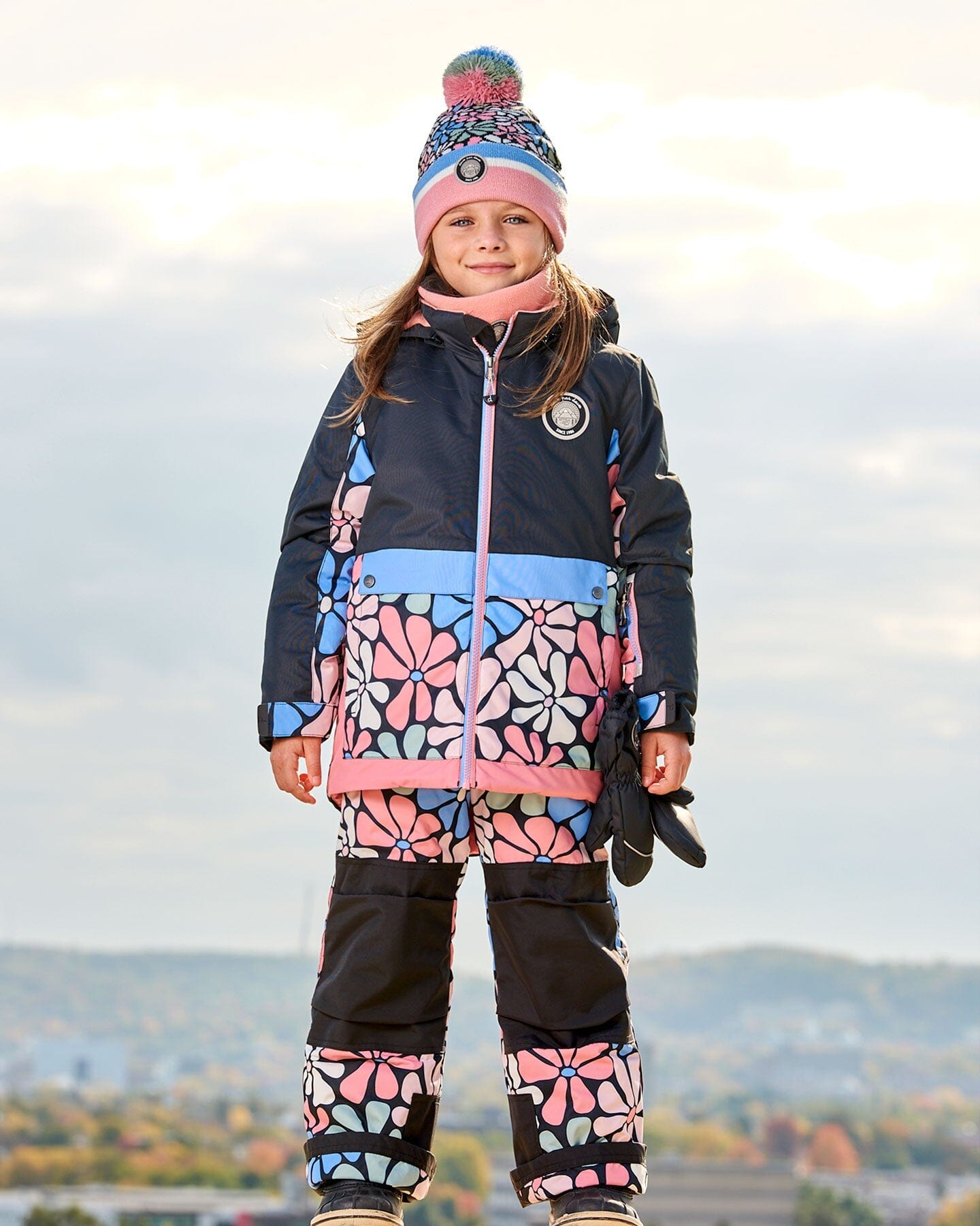 Two Piece Snowsuit Black Printed Retro Flowers by Deux par Deux