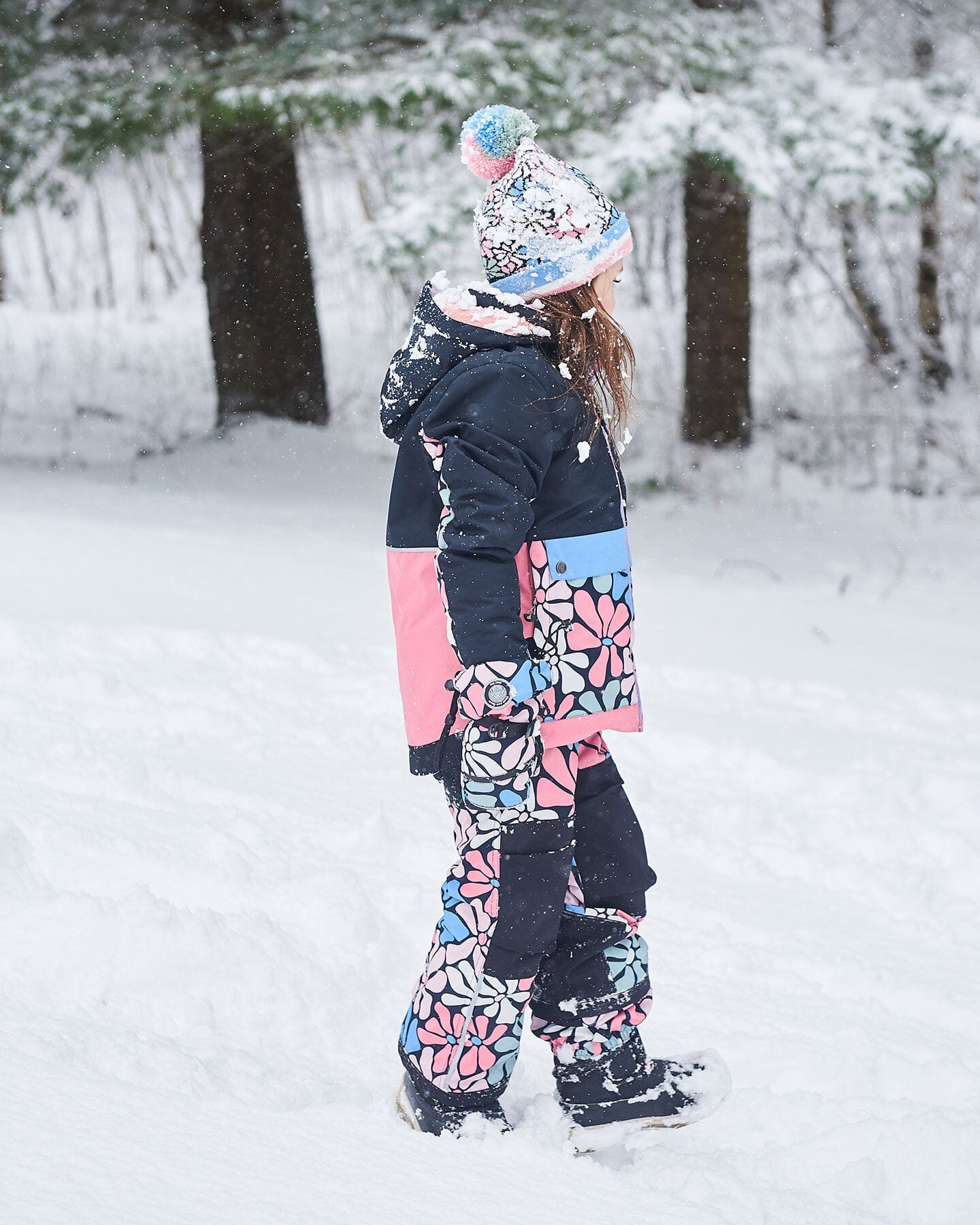 Two Piece Snowsuit Black Printed Retro Flowers by Deux par Deux