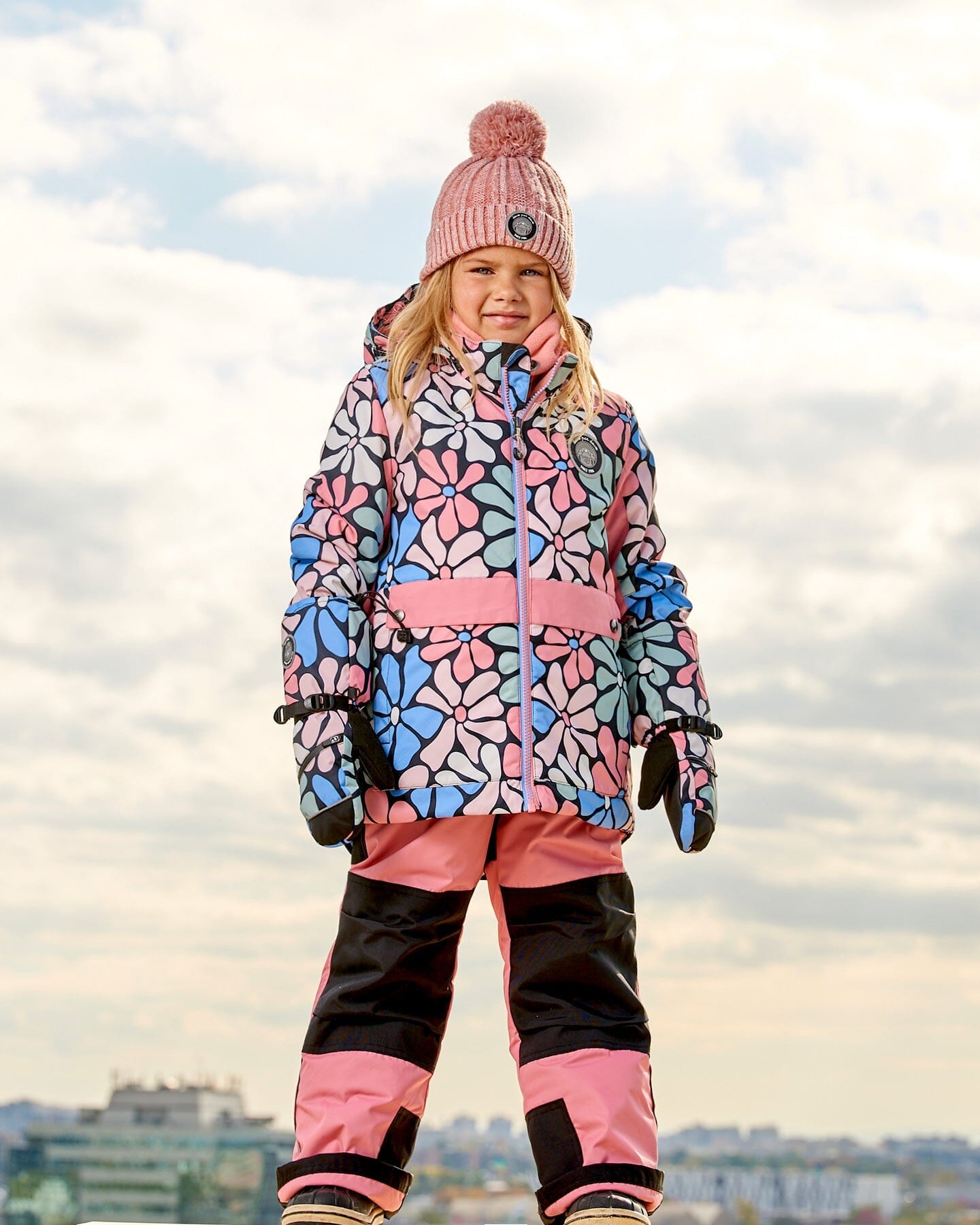 Two Piece Snowsuit Printed Retro Flowers With Pink by Deux par Deux