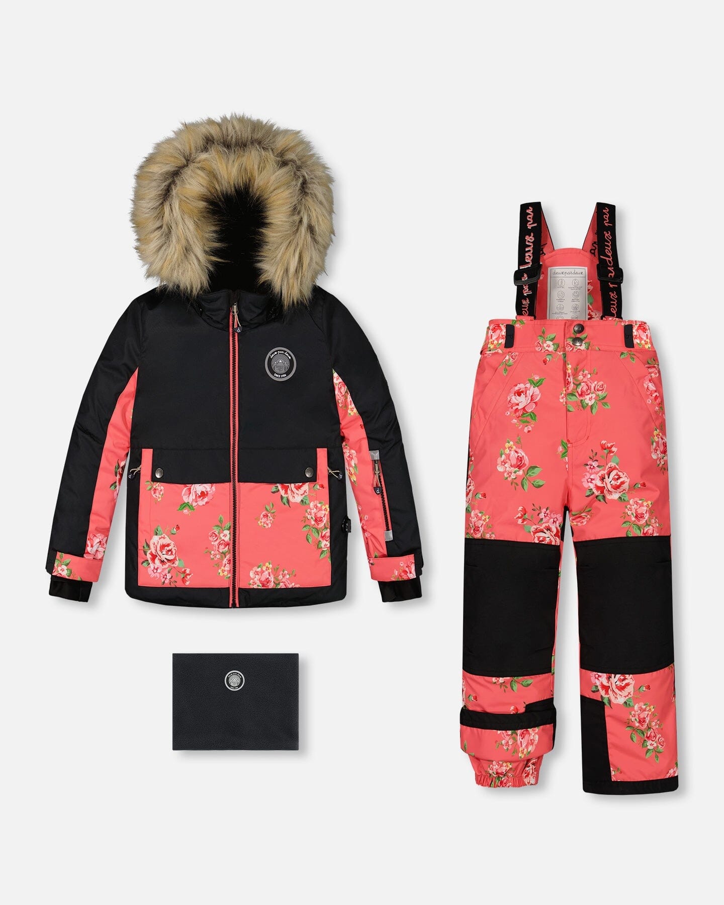 Two Piece Snowsuit Black With Print Pant Printed Coral Flowers by Deux par Deux