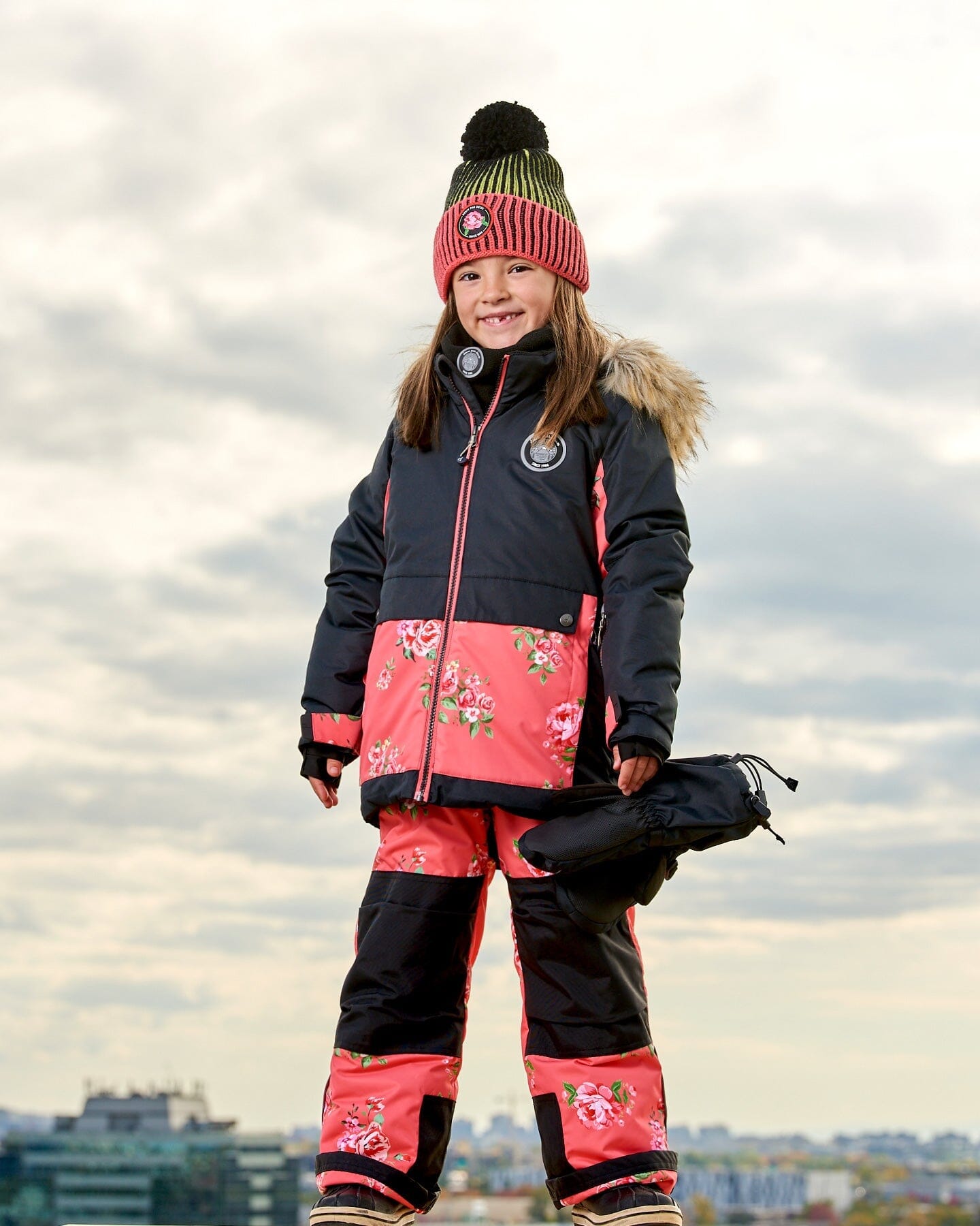 Two Piece Snowsuit Black With Print Pant Printed Coral Flowers by Deux par Deux