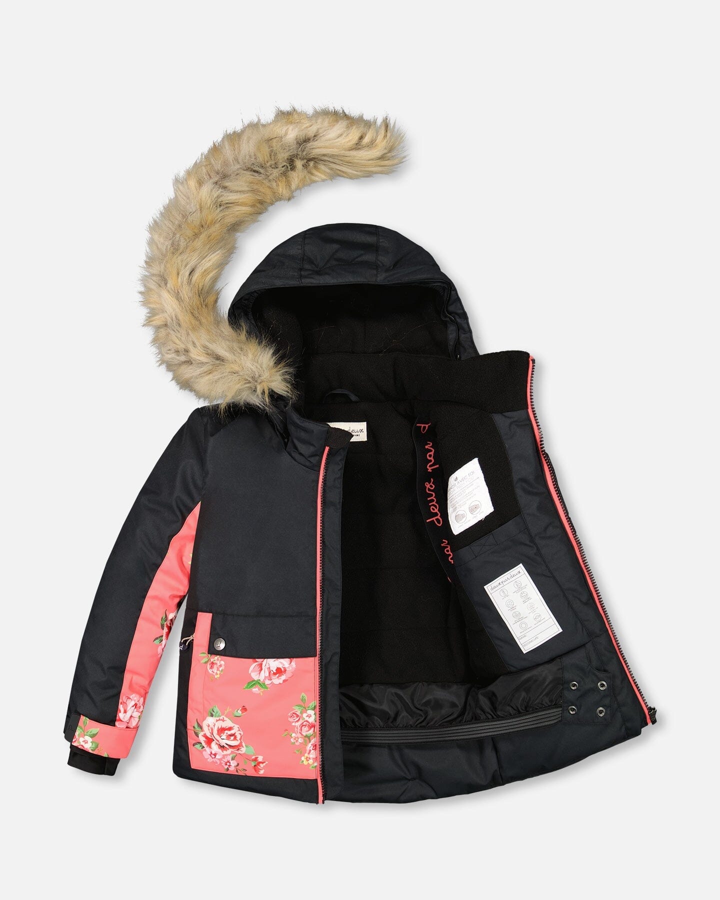 Two Piece Snowsuit Black With Print Pant Printed Coral Flowers by Deux par Deux