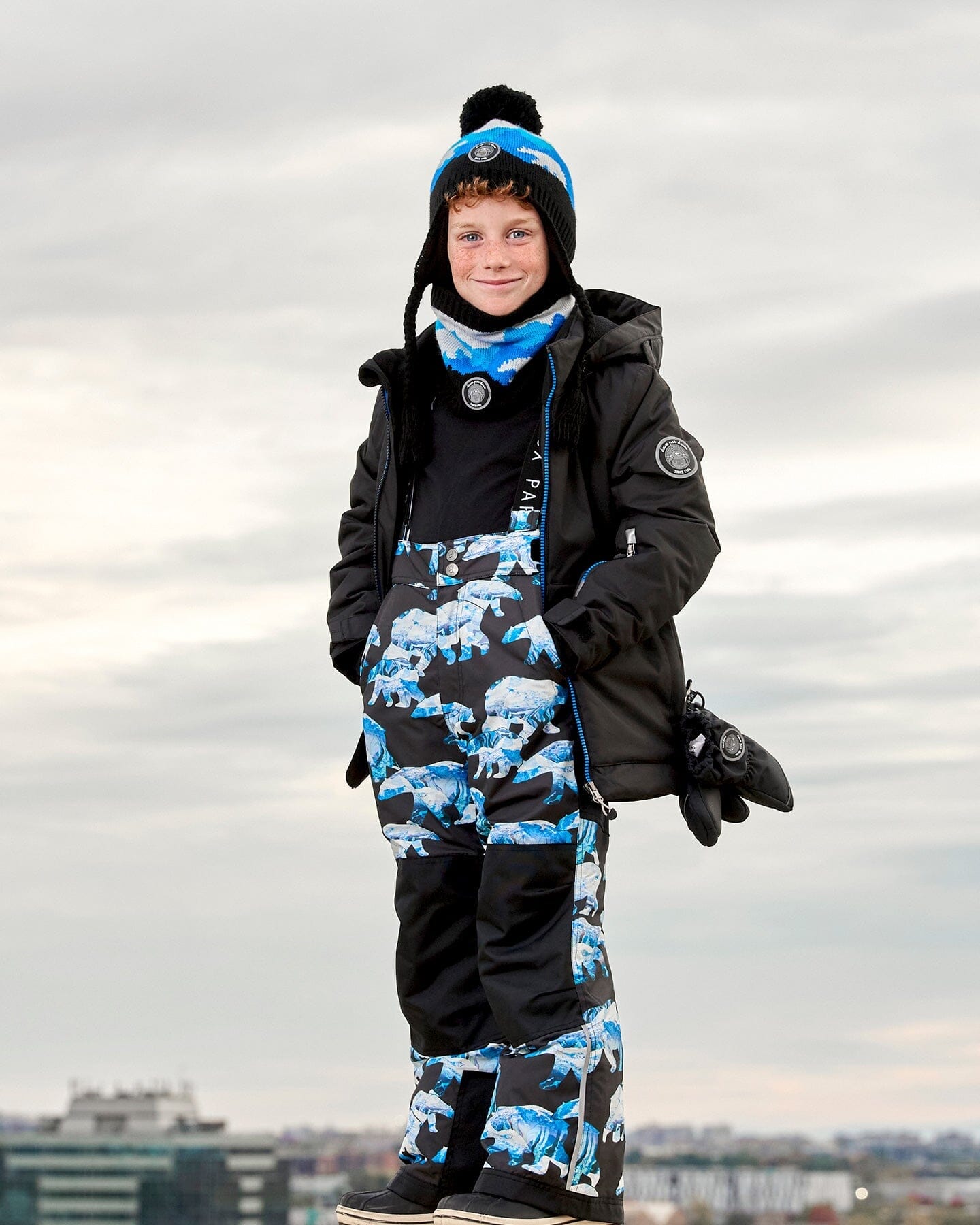 Two Piece Snowsuit Black Printed Blue Bears by Deux par Deux