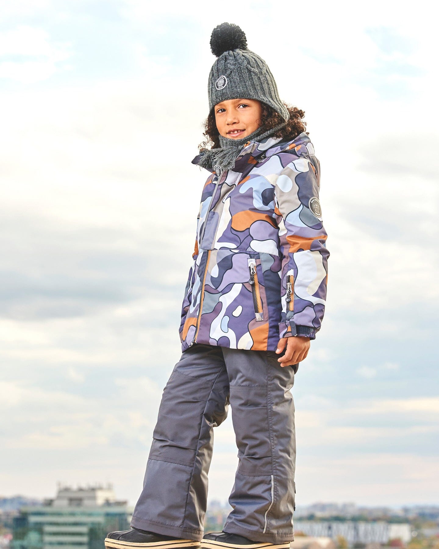 Two Piece Snowsuit Solid Pant And Print Jacket Dark Gray Camo by Deux par Deux