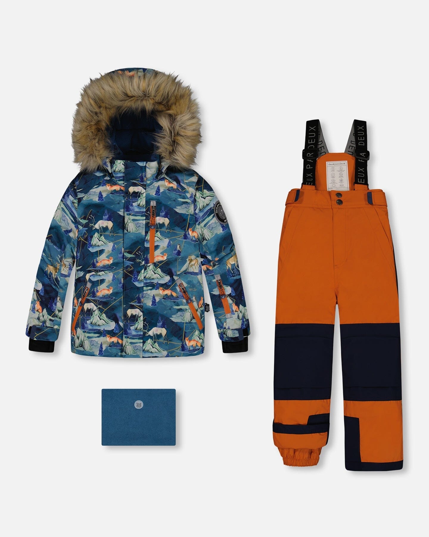 Two Piece Snowsuit Burnt Orange With Printed Animals And Glaciers by Deux par Deux