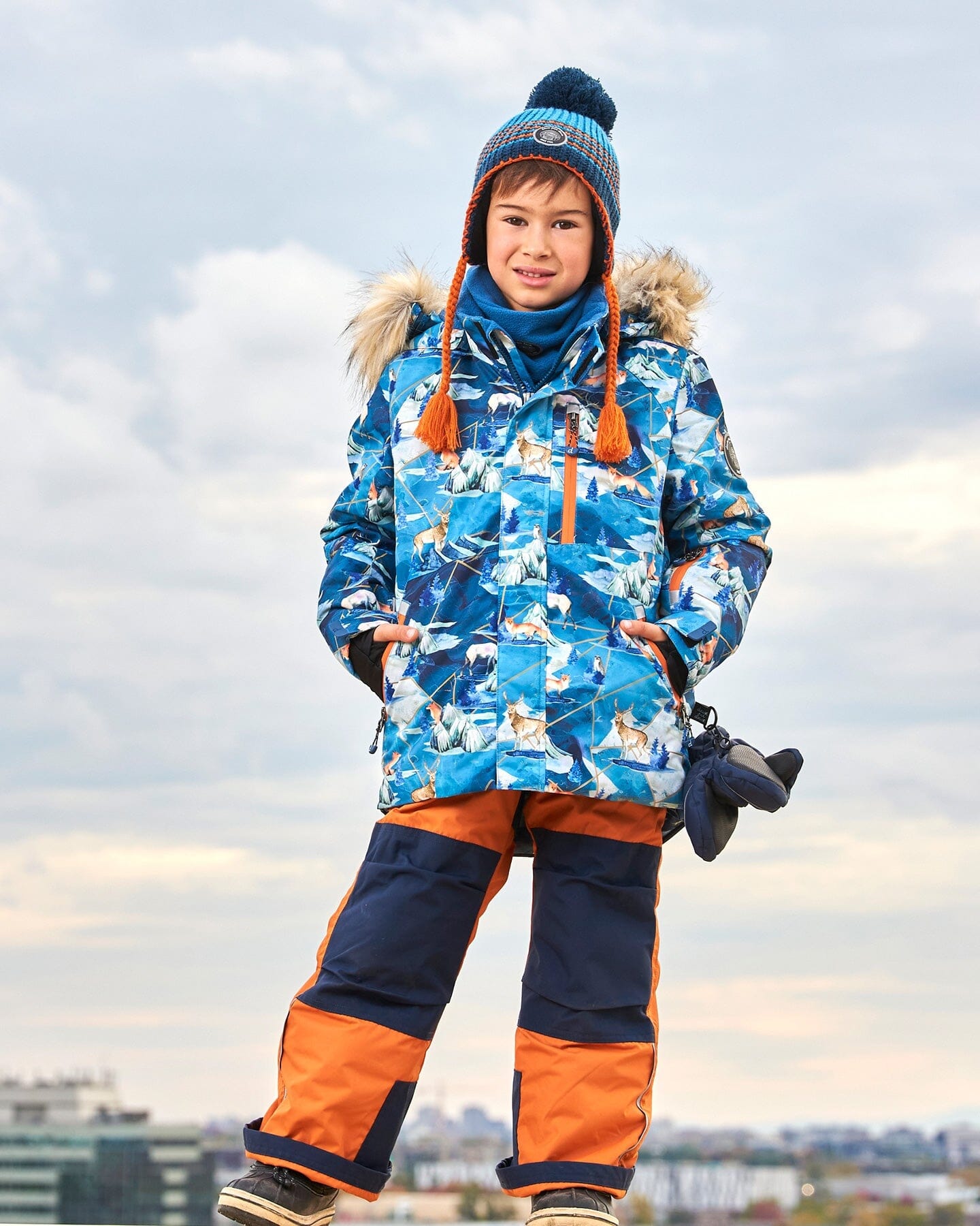 Two Piece Snowsuit Burnt Orange With Printed Animals And Glaciers by Deux par Deux