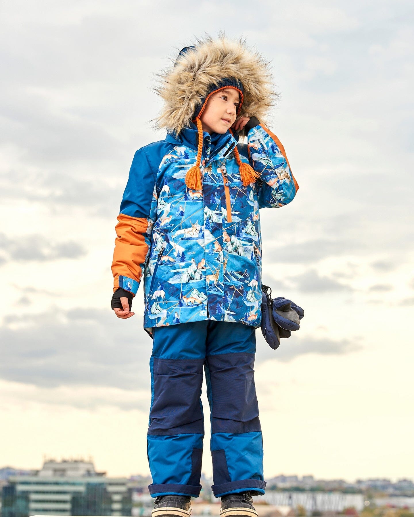 Two Piece Snowsuit Majolica Blue Printed Animals And Glaciers by Deux par Deux