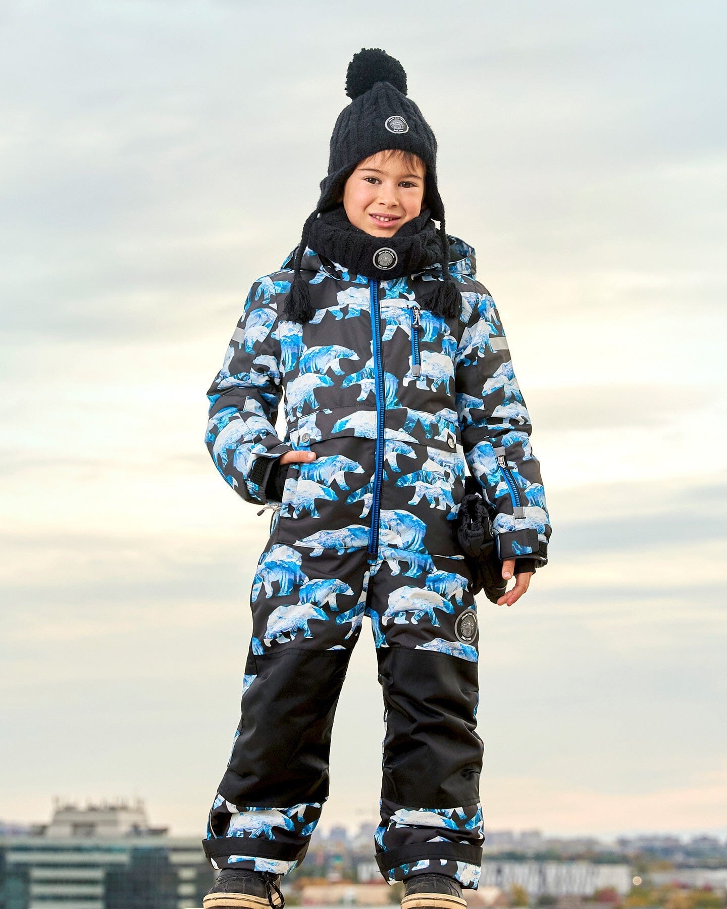 One Piece Snowsuit Black Printed Polar Bears by Deux par Deux