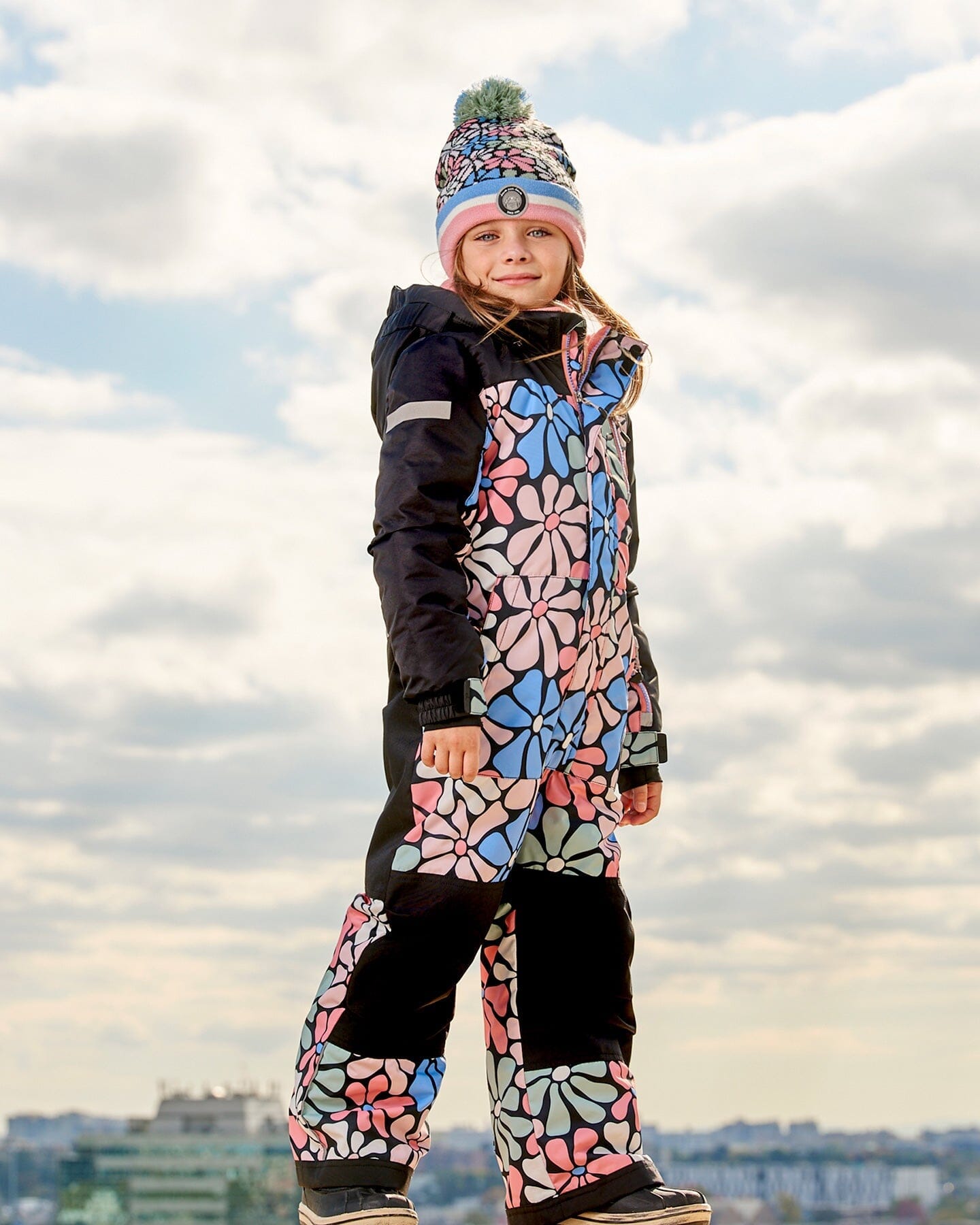 One Piece Snowsuit Printed Retro Flowers Blue by Deux par Deux