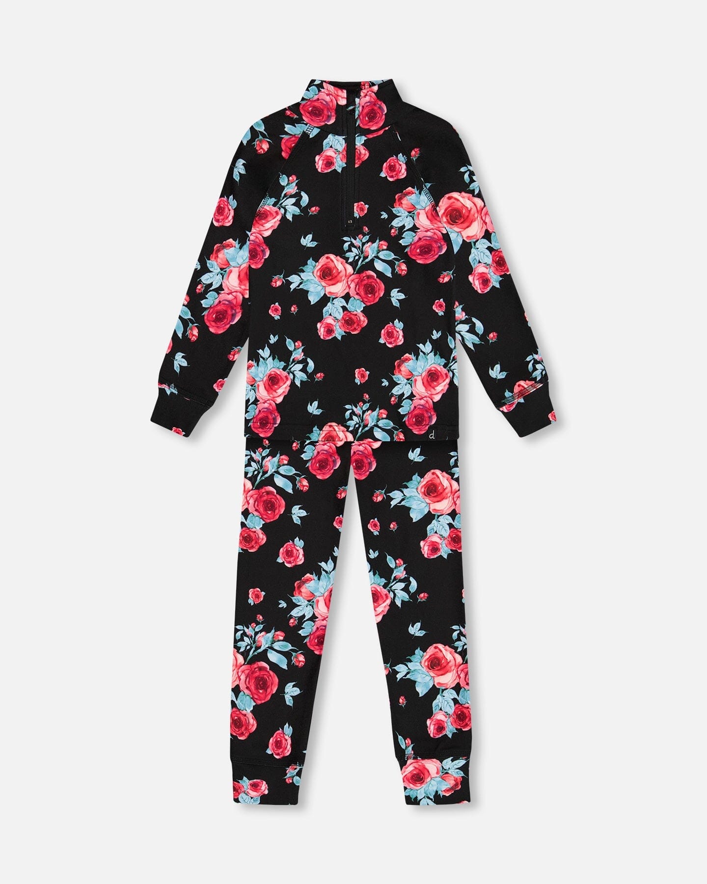 Two Piece Thermal Underwear Set Black Printed Roses by Deux par Deux