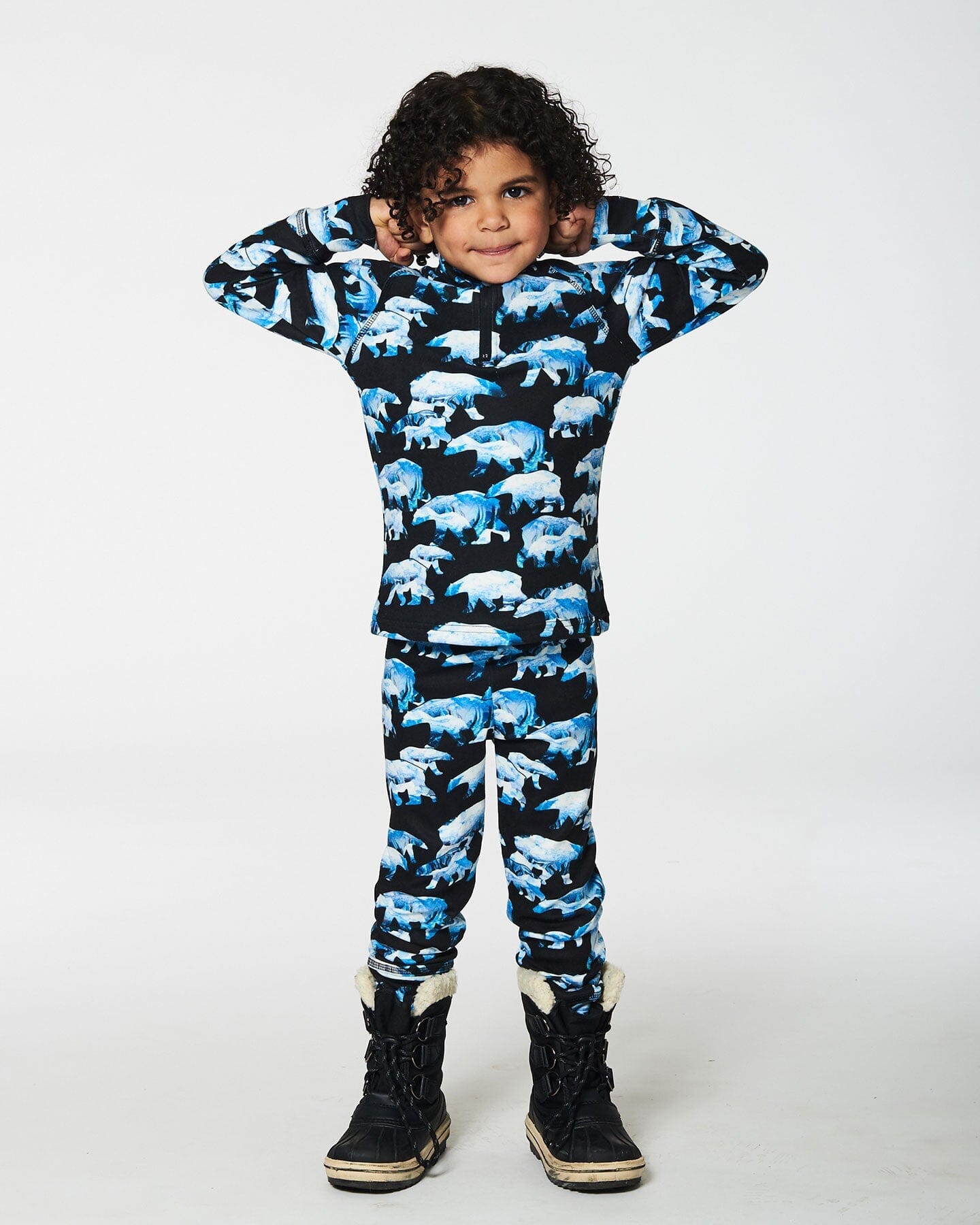 Two Piece Thermal Underwear Set Black Printed Polar Bears by Deux par Deux