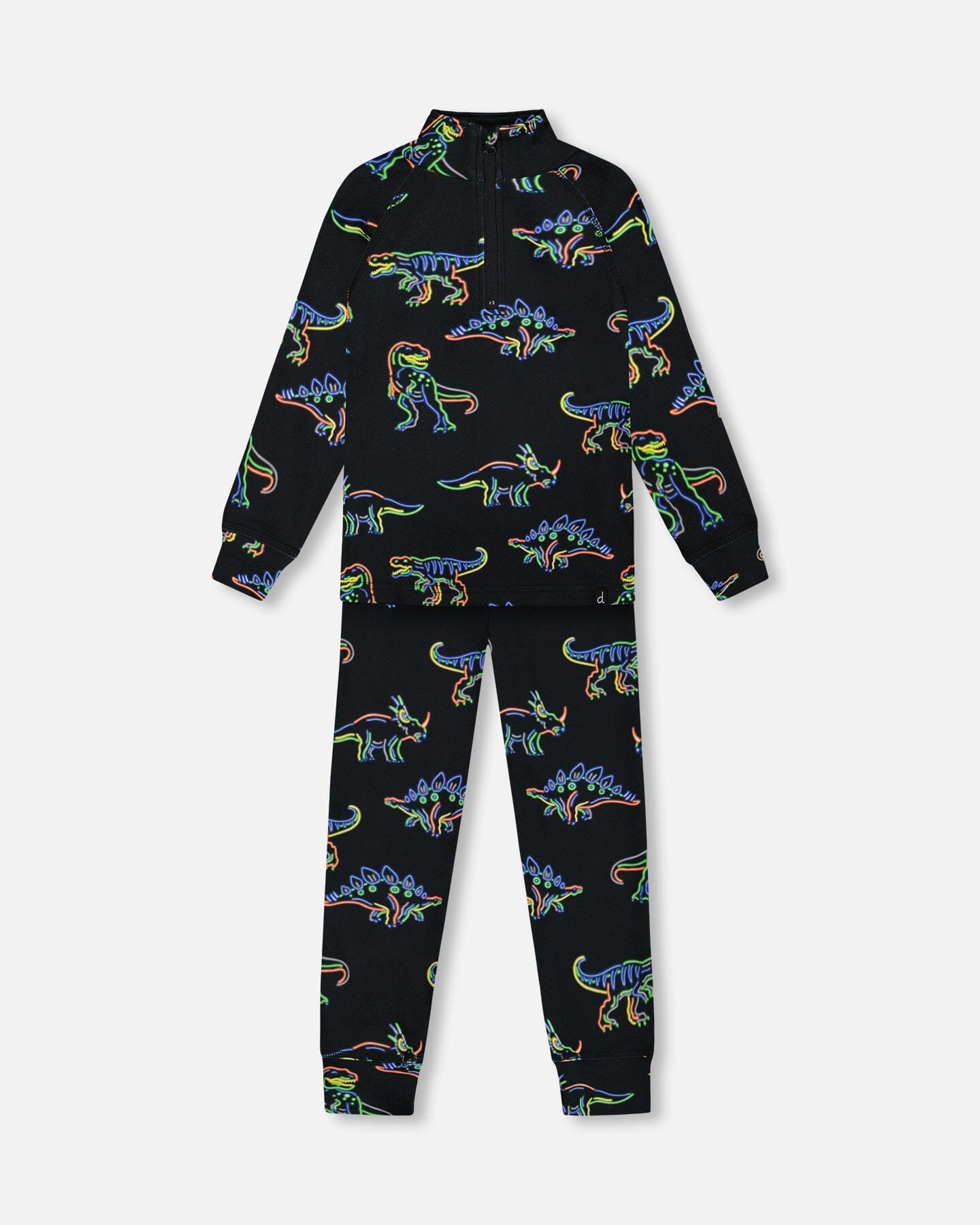 Two Piece Thermal Underwear Set Black Printed Neon Dino by Deux par Deux