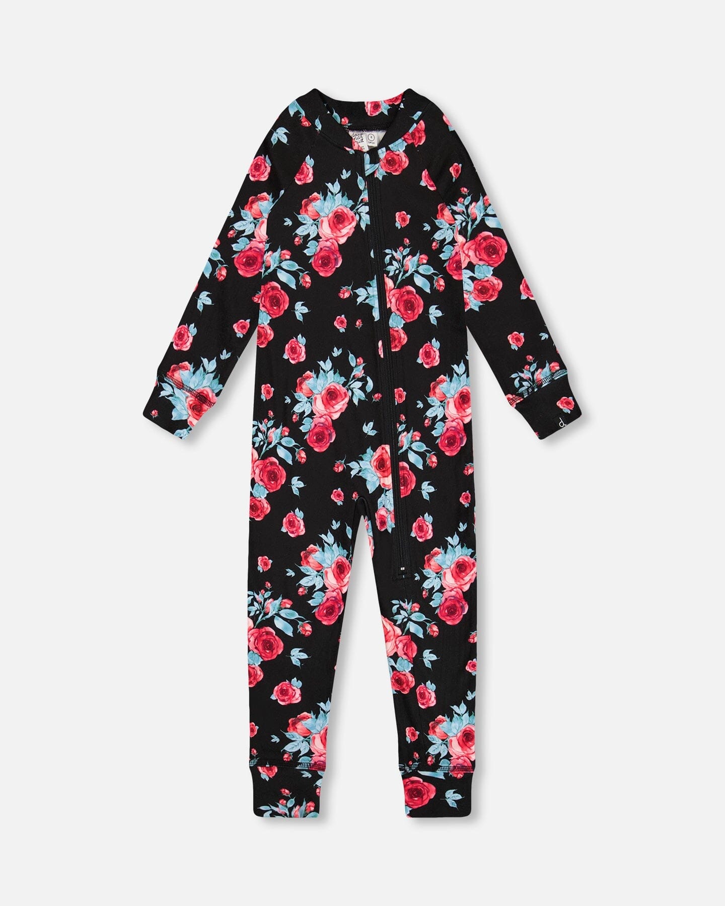 One Piece Thermal Underwear Black Printed Roses by Deux par Deux