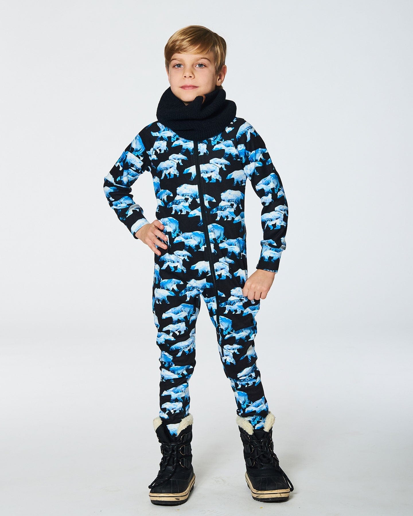 One Piece Thermal Underwear Black Printed Polar Bears by Deux par Deux