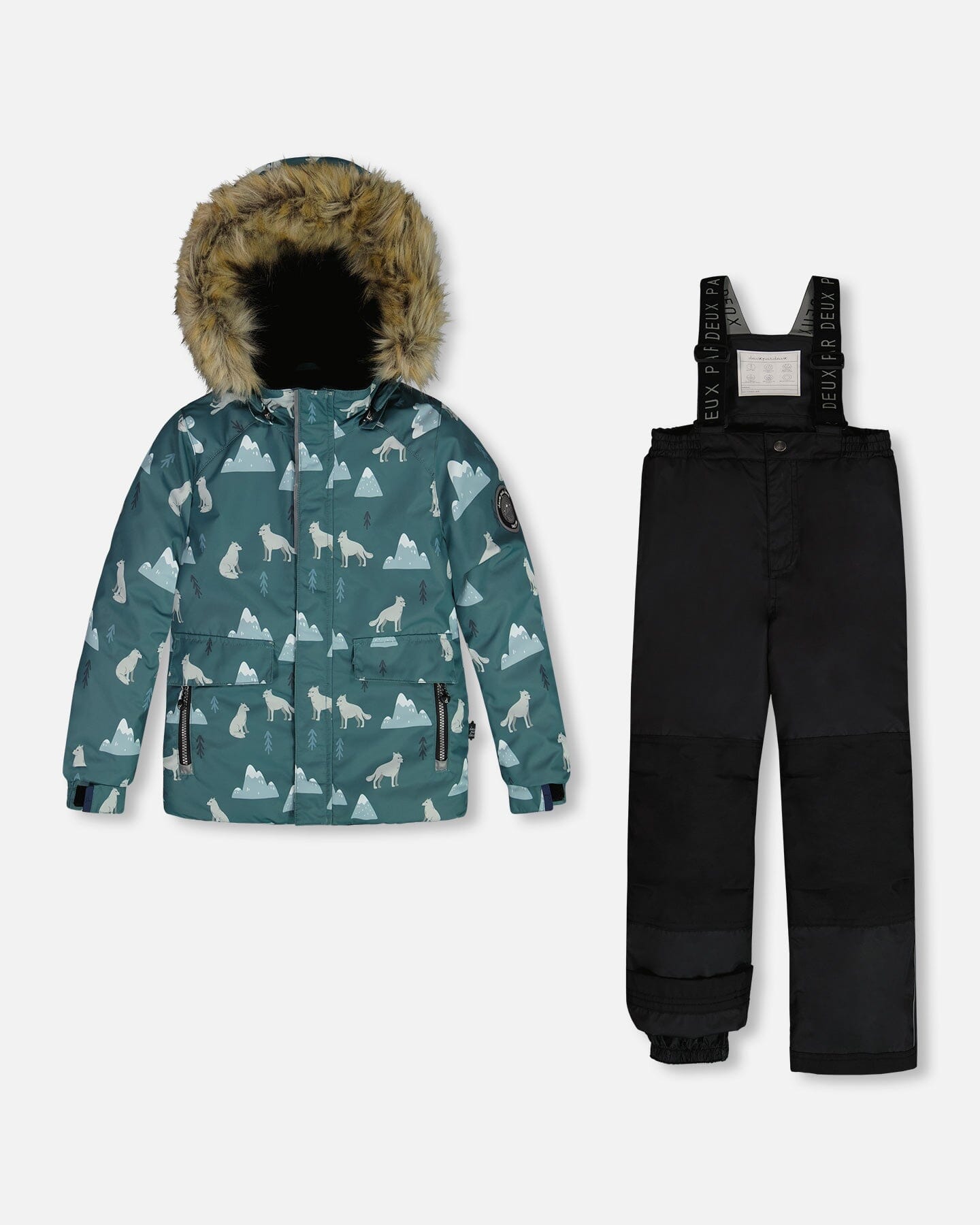 Two Piece Snowsuit Sage Printed Wolves And Black by Deux par Deux