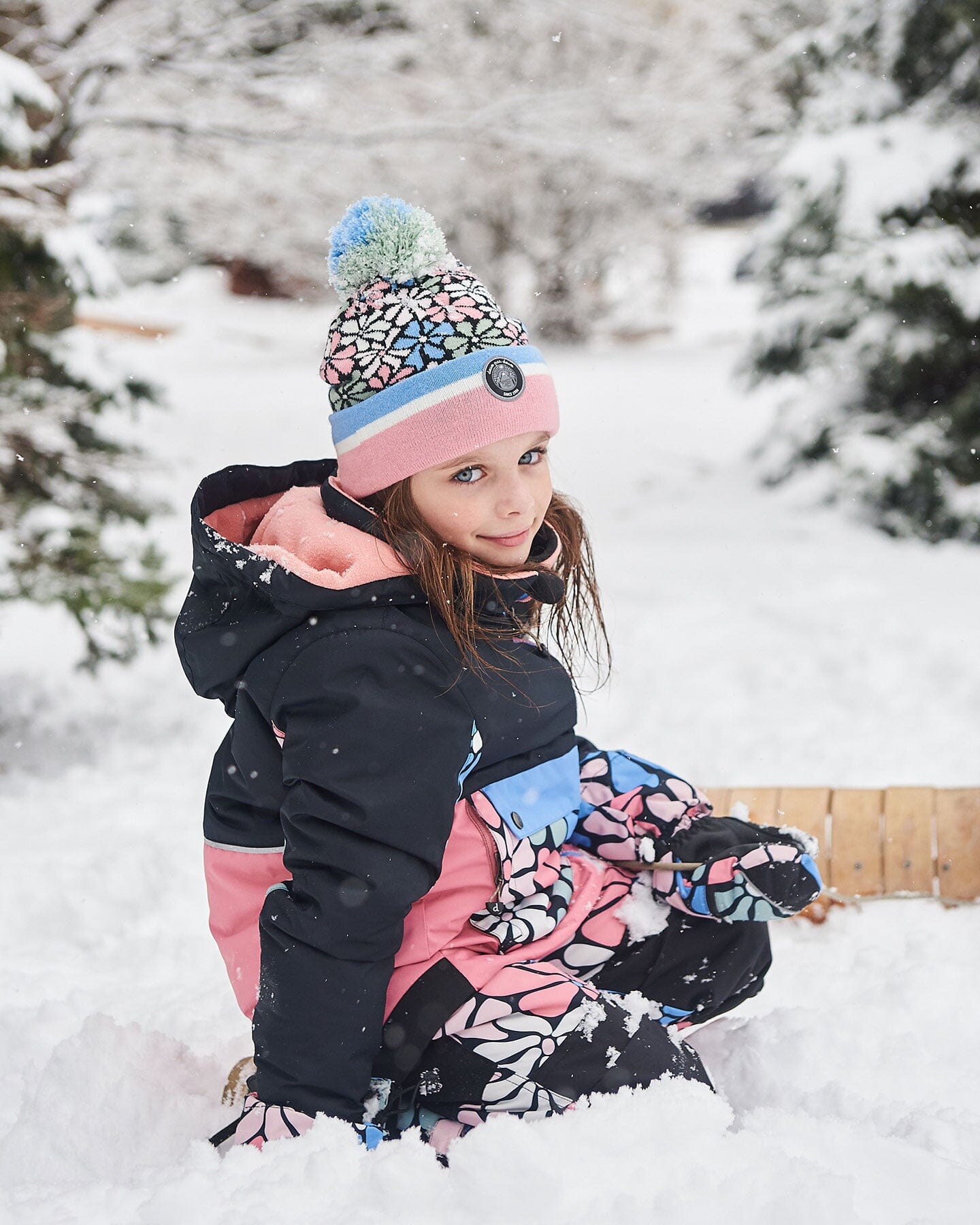 Knit Hat Blue, Pink And White Retro Flowers by Deux par Deux