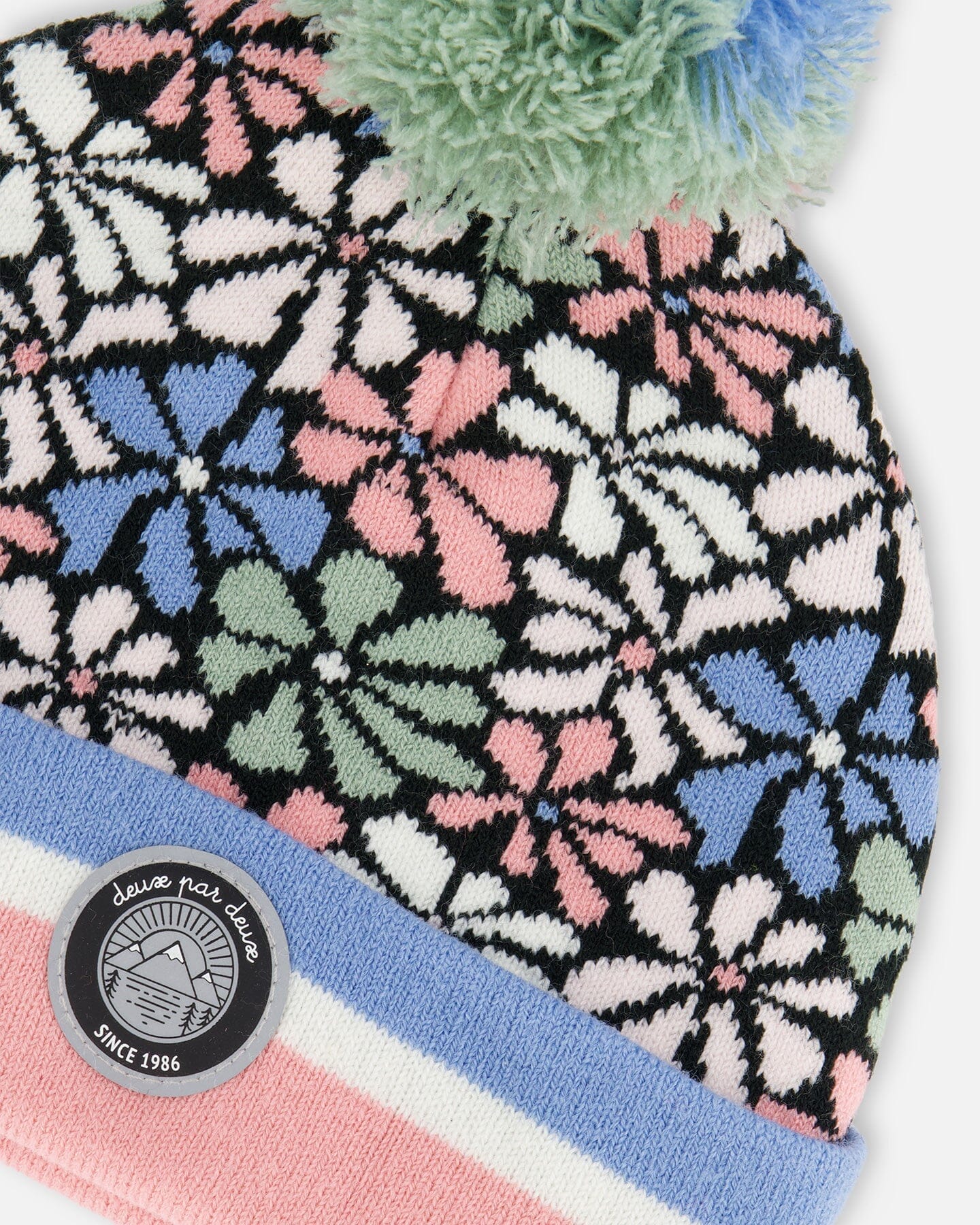 Knit Hat Blue, Pink And White Retro Flowers by Deux par Deux