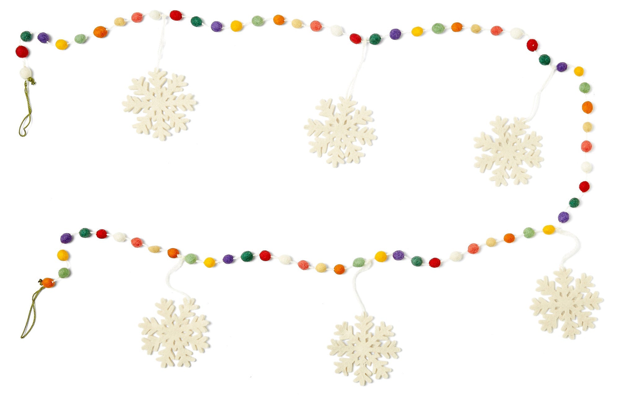 Hand Felted Wool Christmas Garland - Multicolor Dots With White Snowflakes - 6'