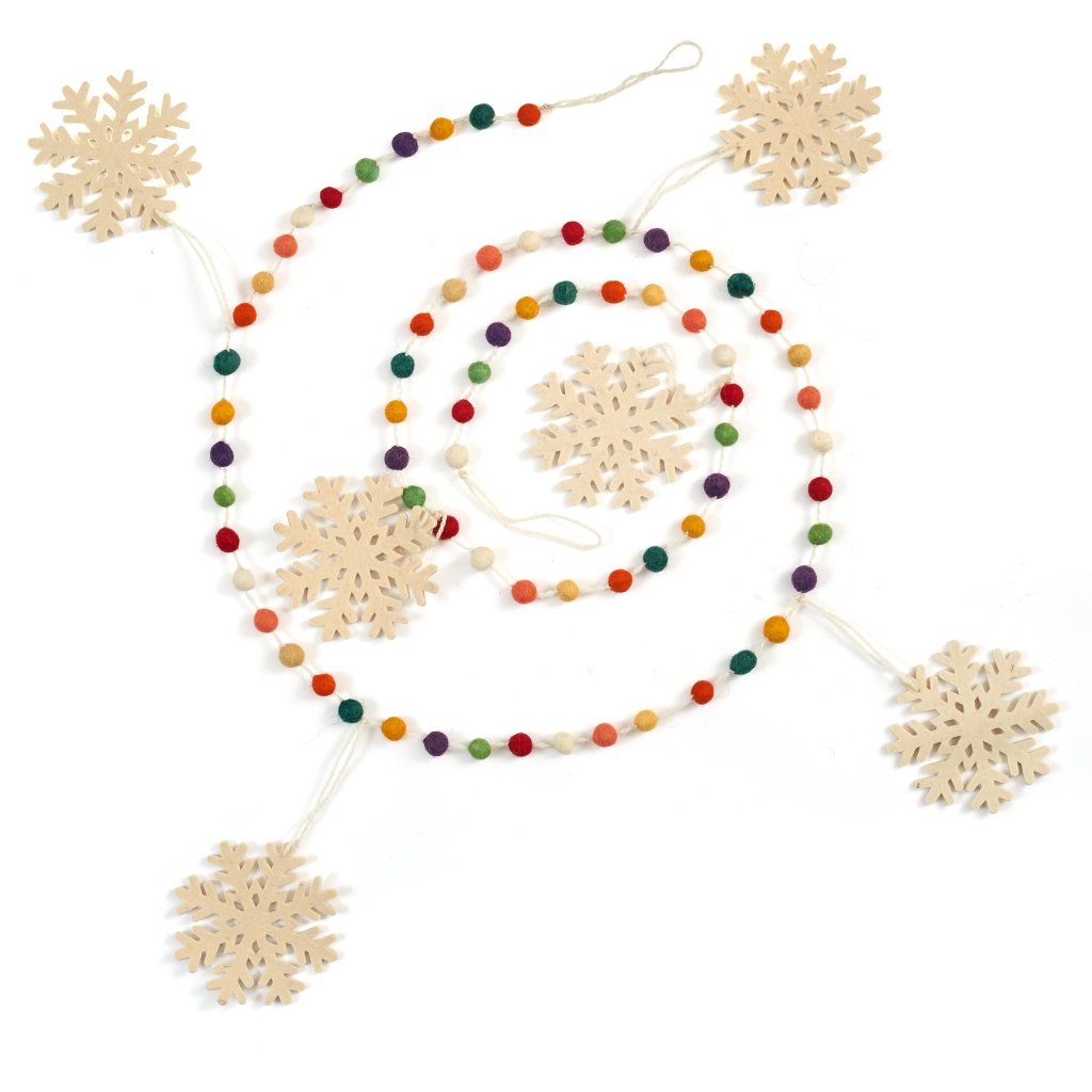 Hand Felted Wool Christmas Garland - Multicolor Dots With White Snowflakes - 6'