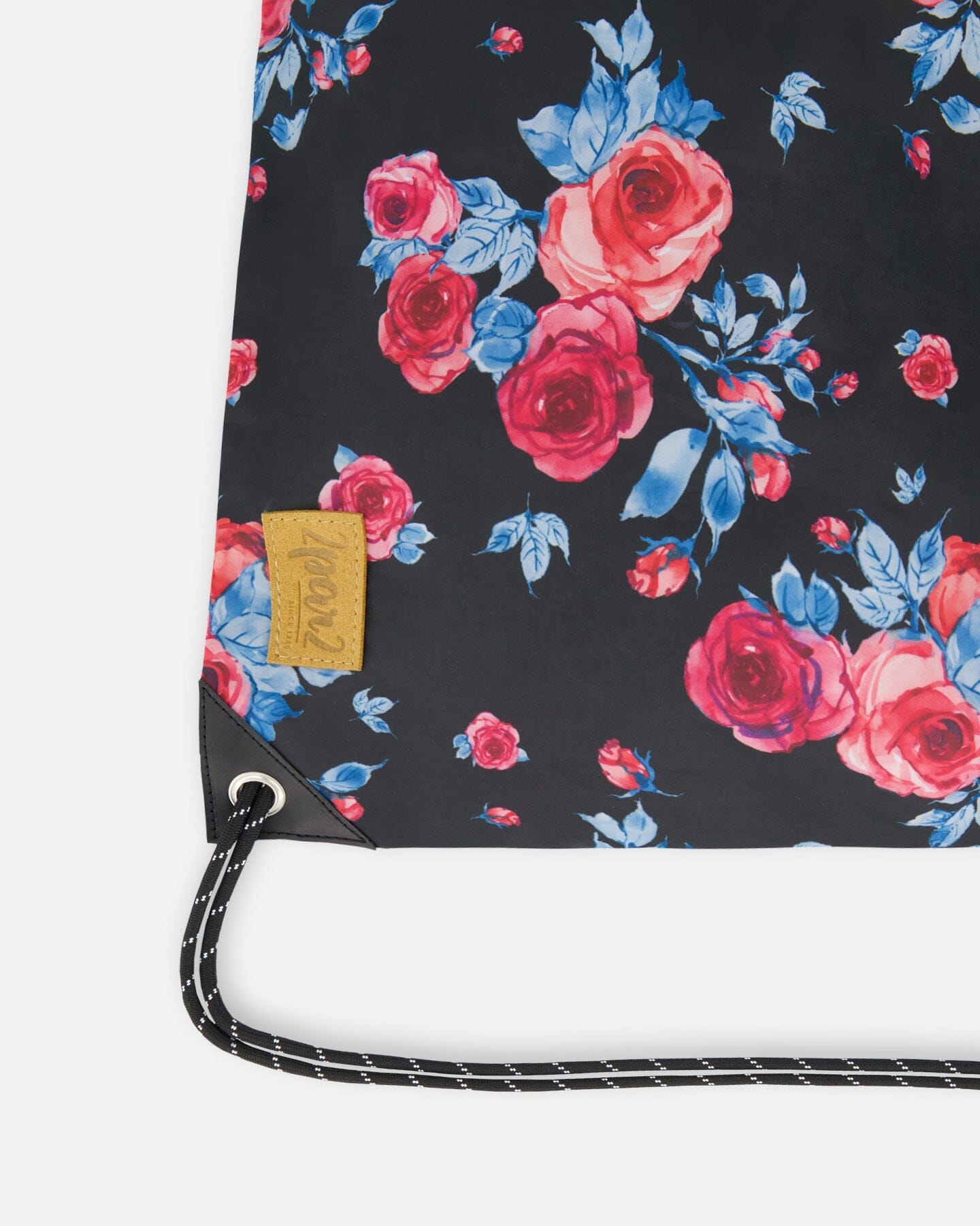 Drawstring Bag Black Printed Roses by Deux par Deux