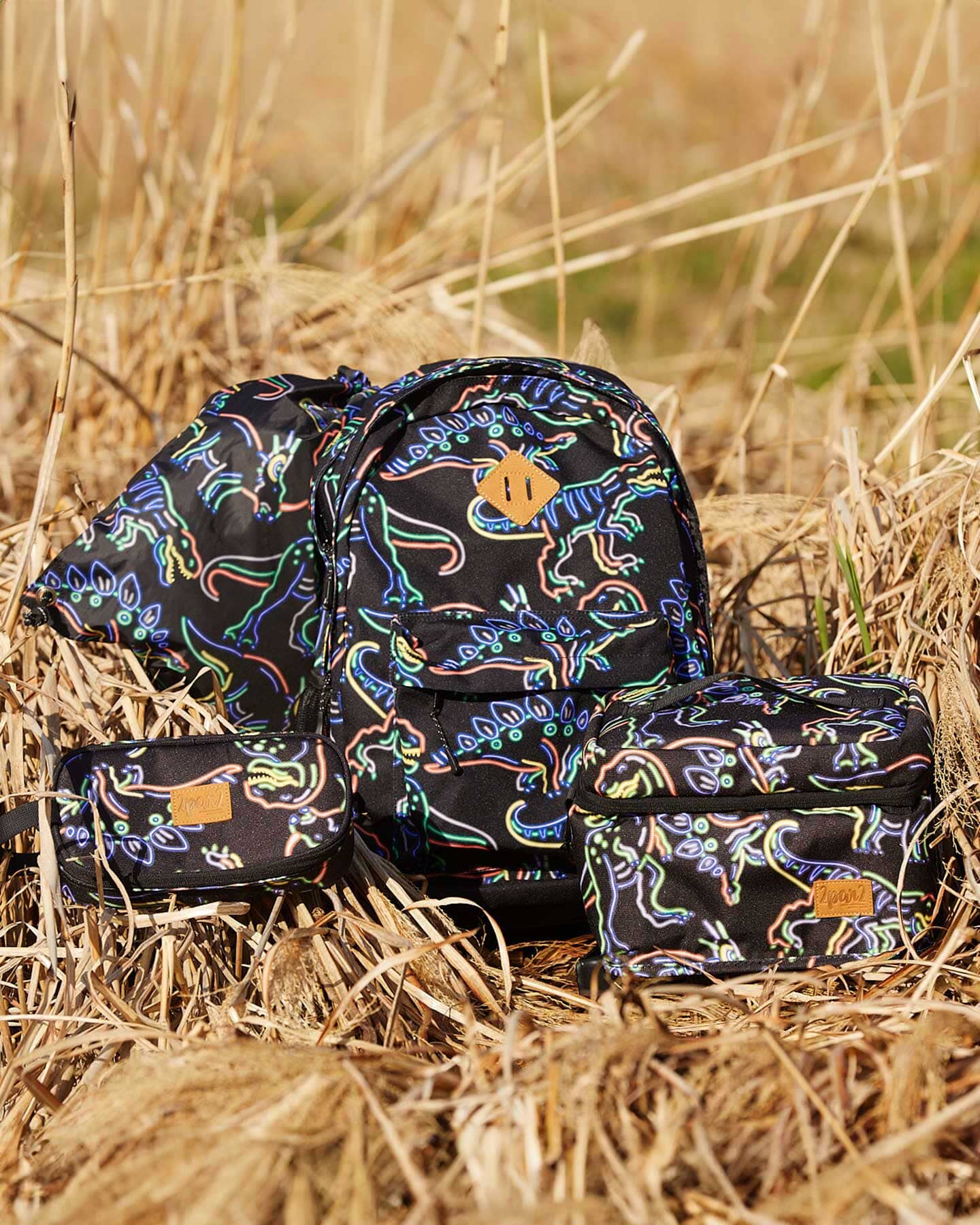 Backpack Black Printed Neon Dino by Deux par Deux