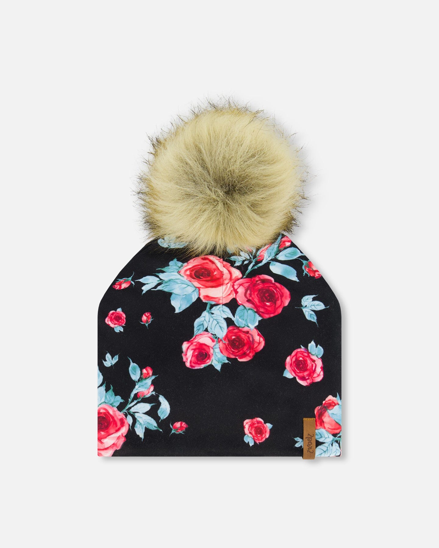 Mid-Season Jersey Detachable Pompom Hat Black Printed Roses by Deux par Deux