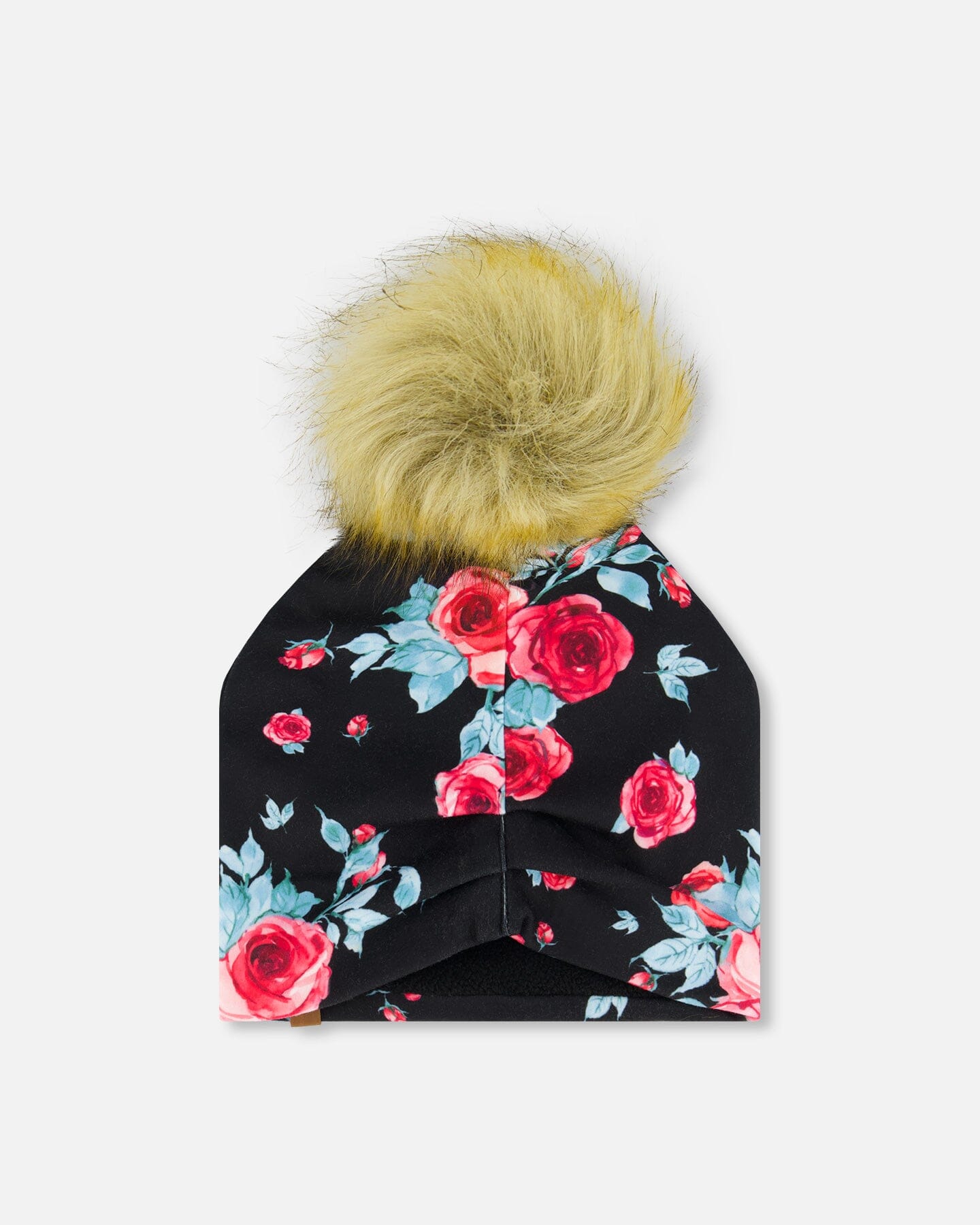 Mid-Season Jersey Detachable Pompom Hat Black Printed Roses by Deux par Deux