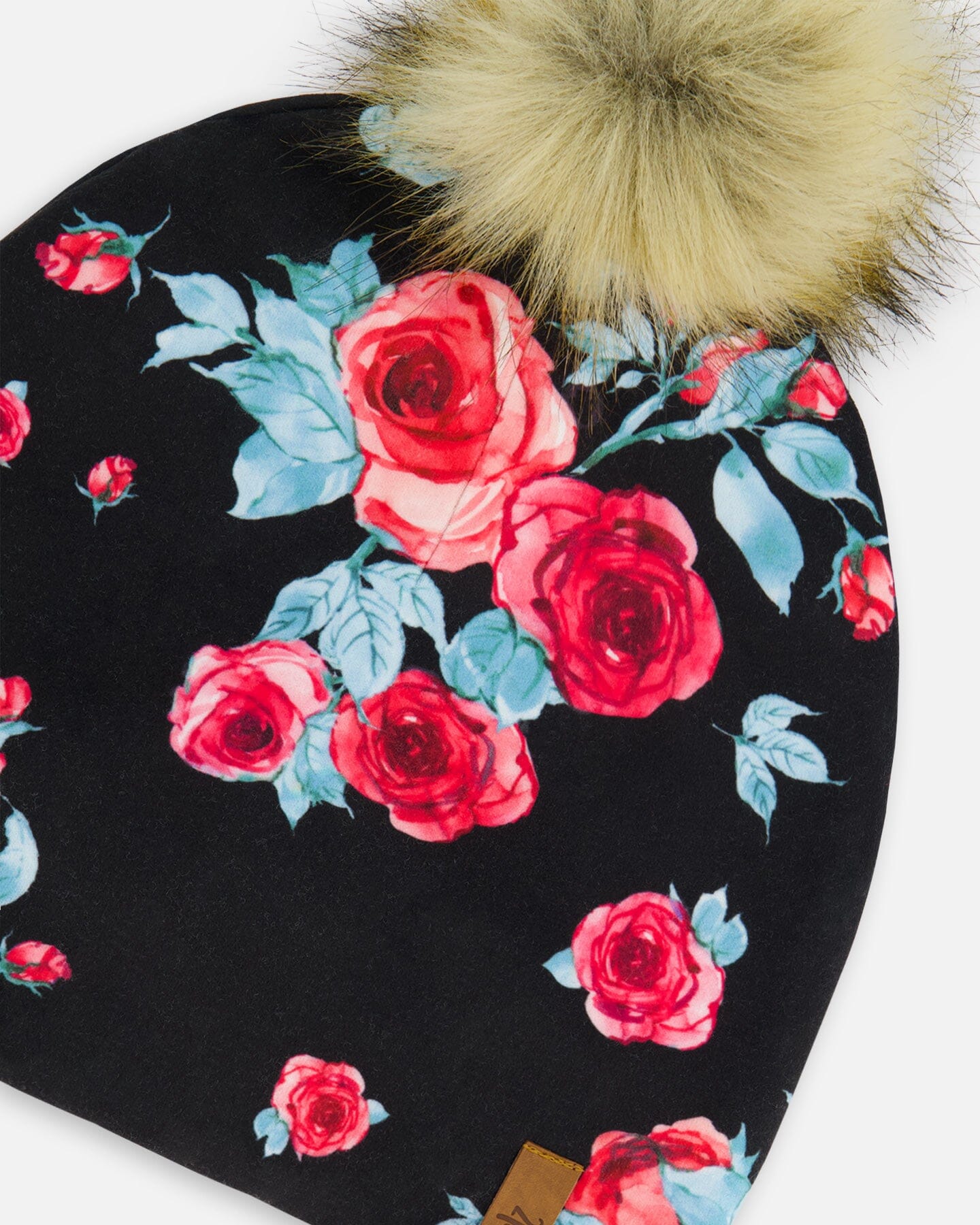 Mid-Season Jersey Detachable Pompom Hat Black Printed Roses by Deux par Deux