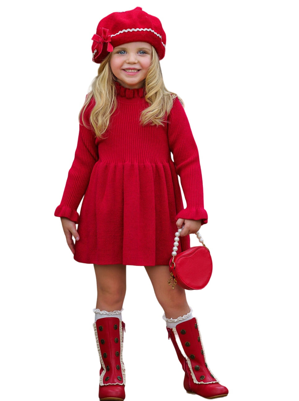 Cozy Holiday Red Ruffle Knit Sweater Dress