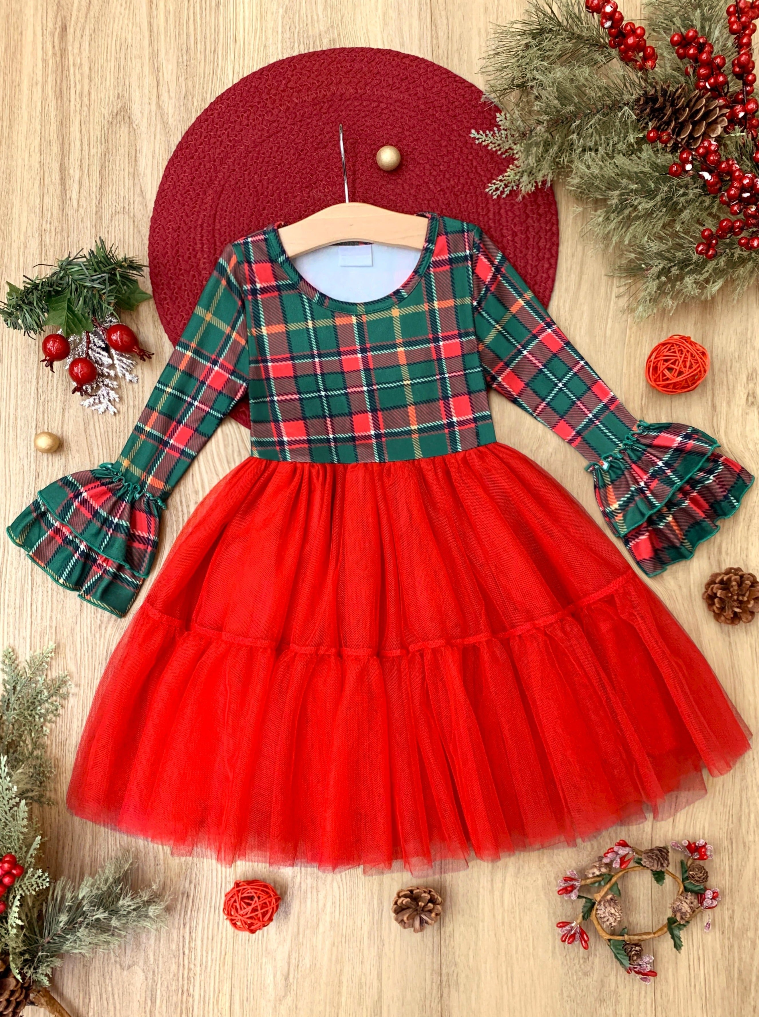 Mistletoes And Twirls Christmas Plaid Tutu Dress