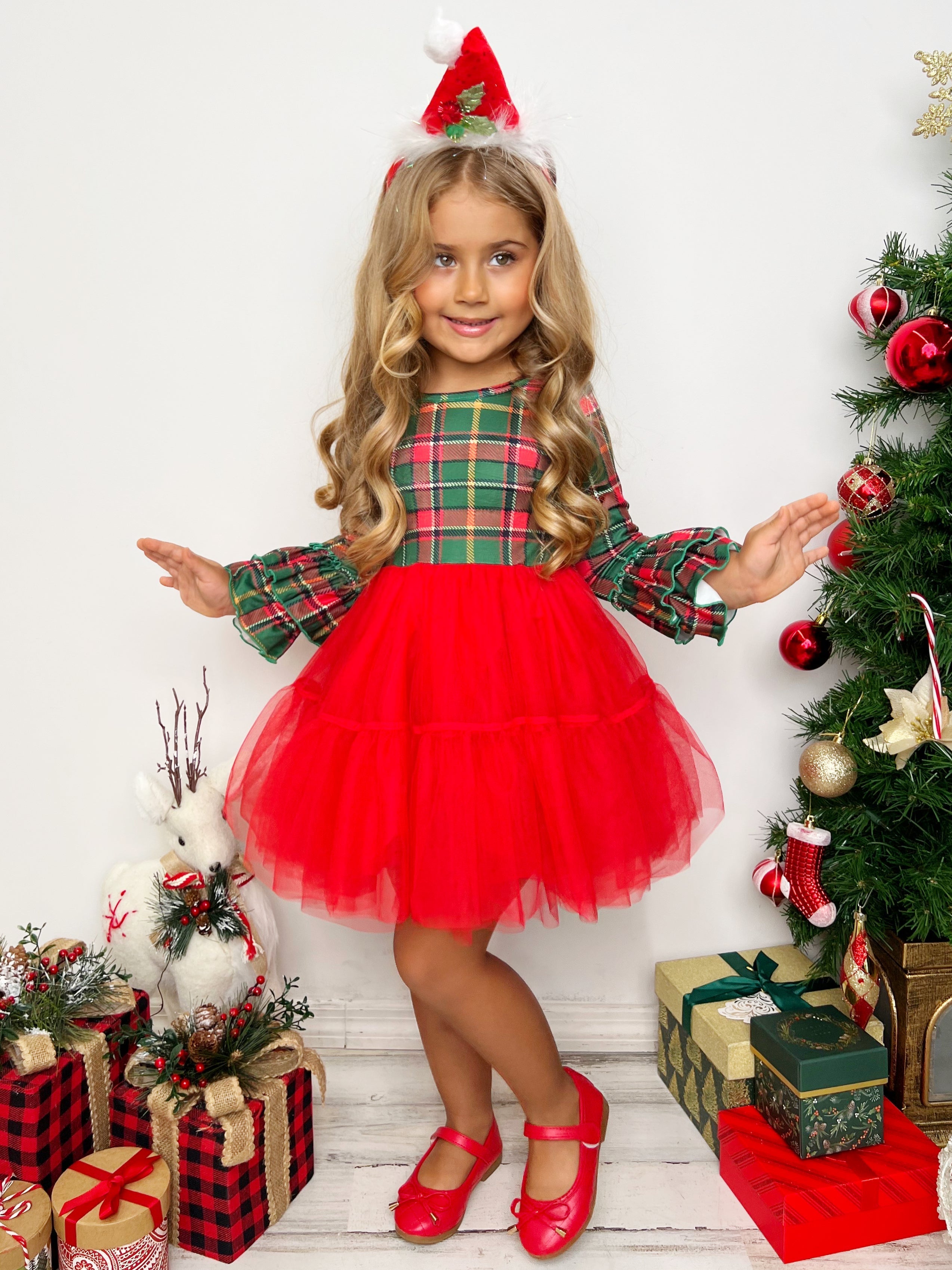 Mistletoes And Twirls Christmas Plaid Tutu Dress