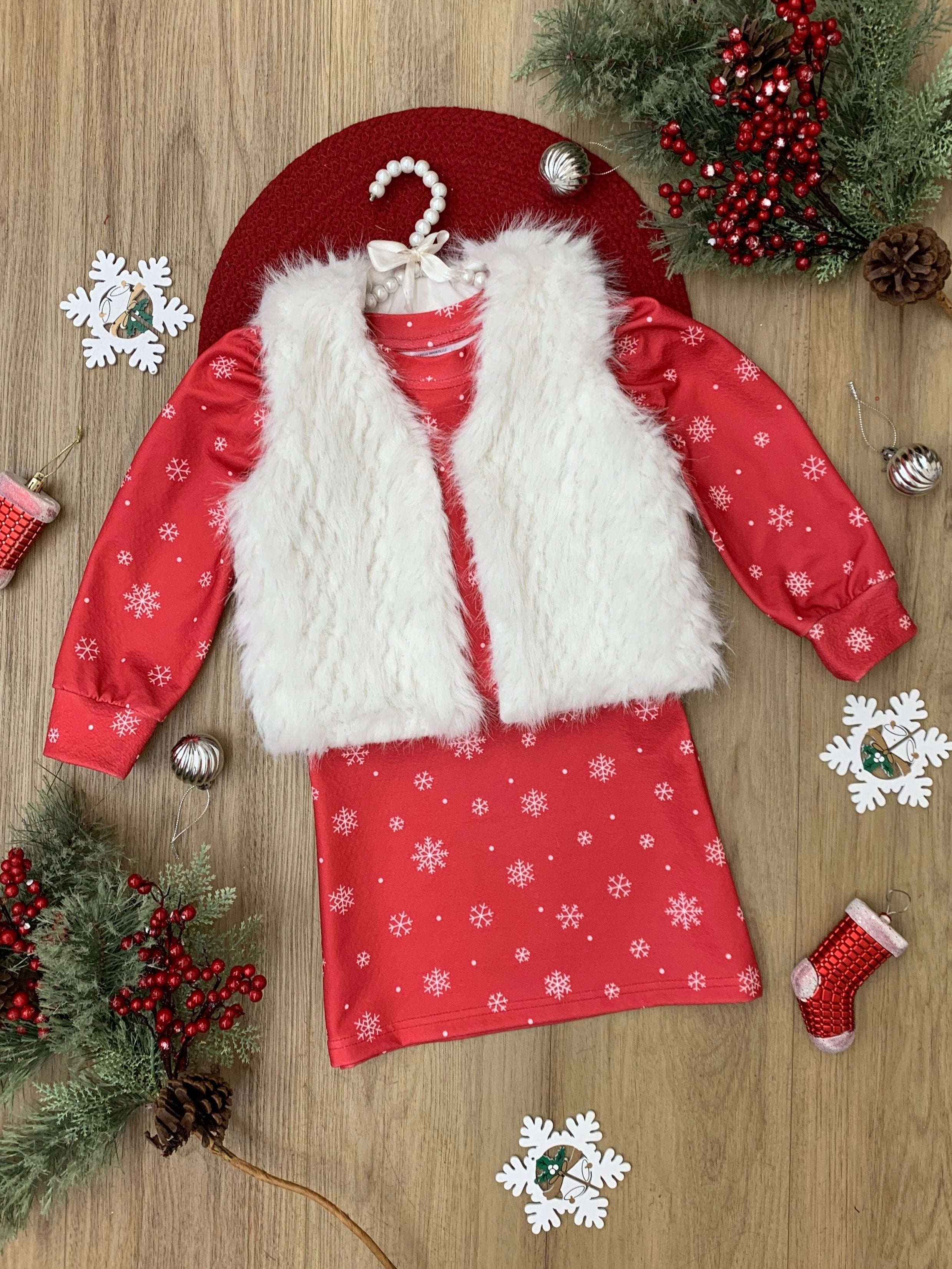 Festive Snowflake Christmas Dress And Faux Fur Vest Set