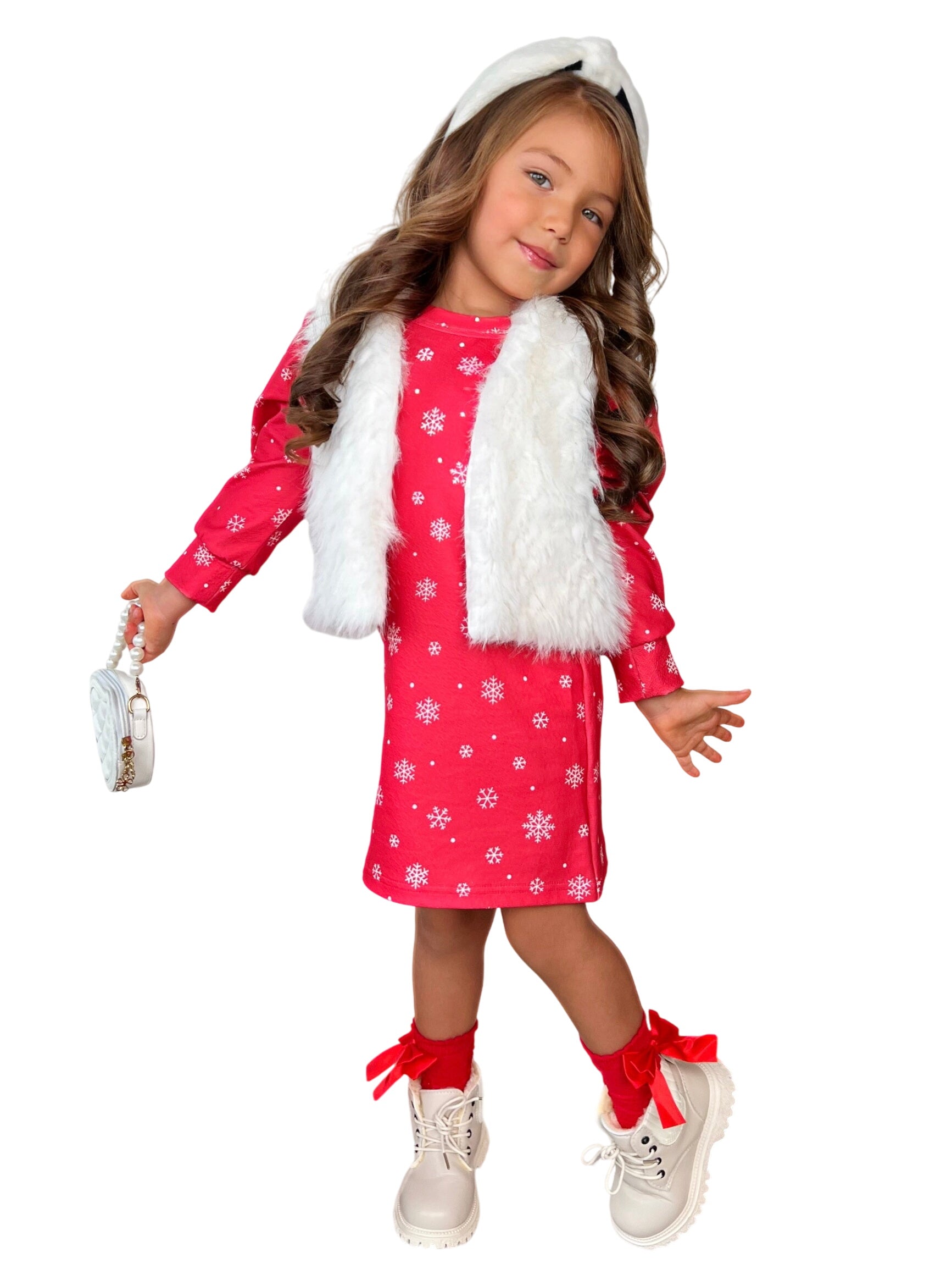 Festive Snowflake Christmas Dress And Faux Fur Vest Set