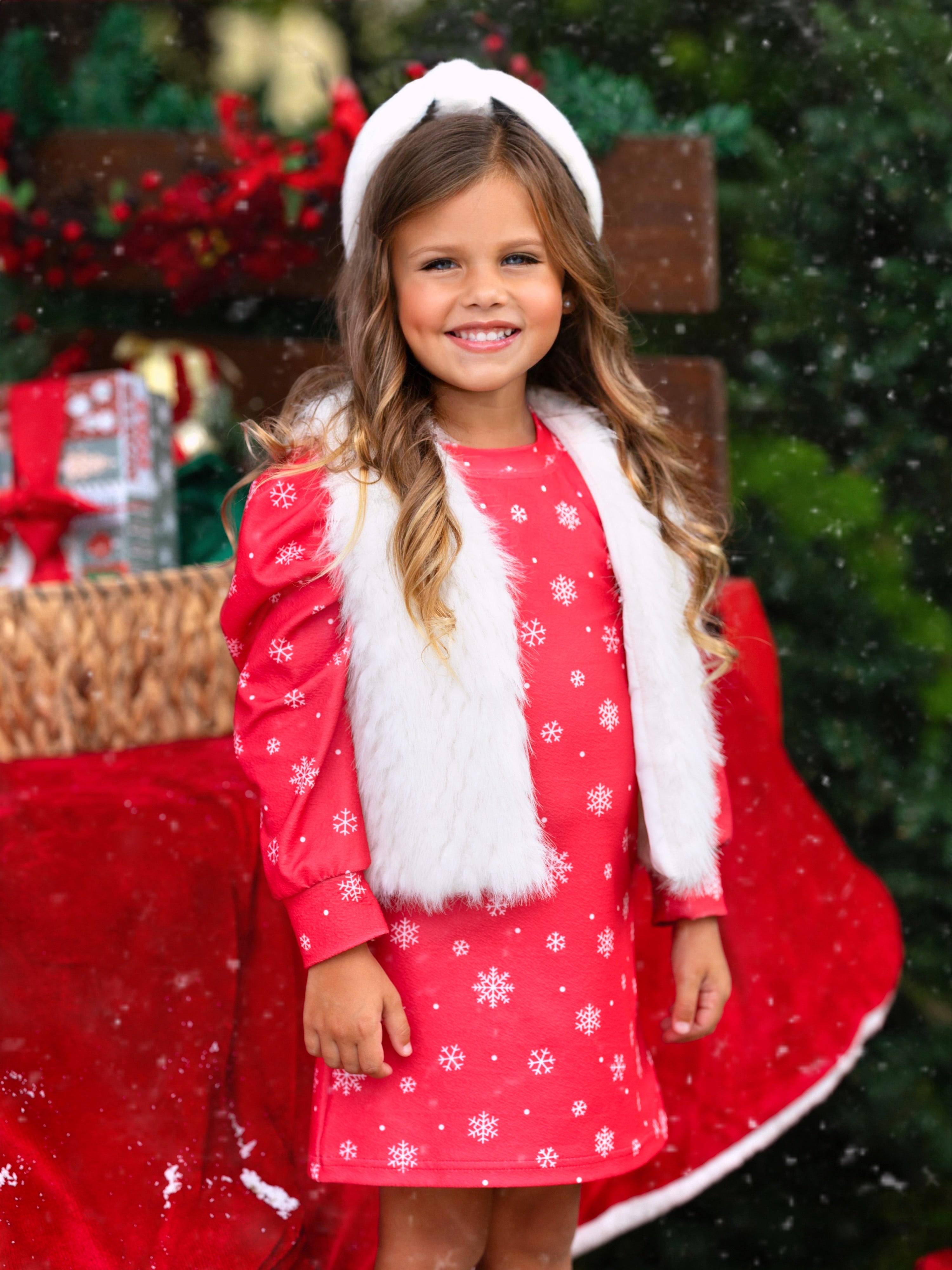 Festive Snowflake Christmas Dress And Faux Fur Vest Set