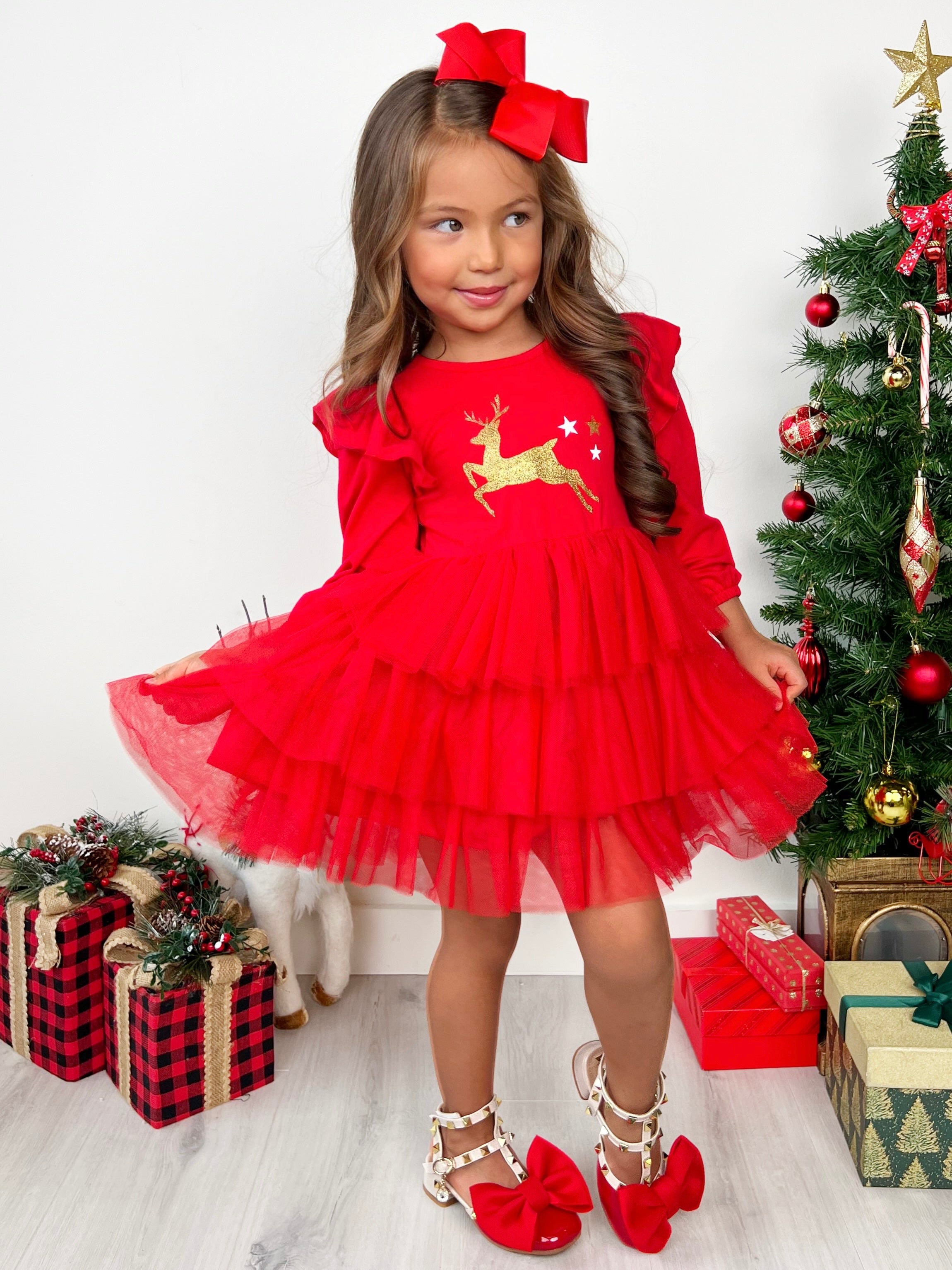 Golden Reindeer Ruffled Tutu Dress