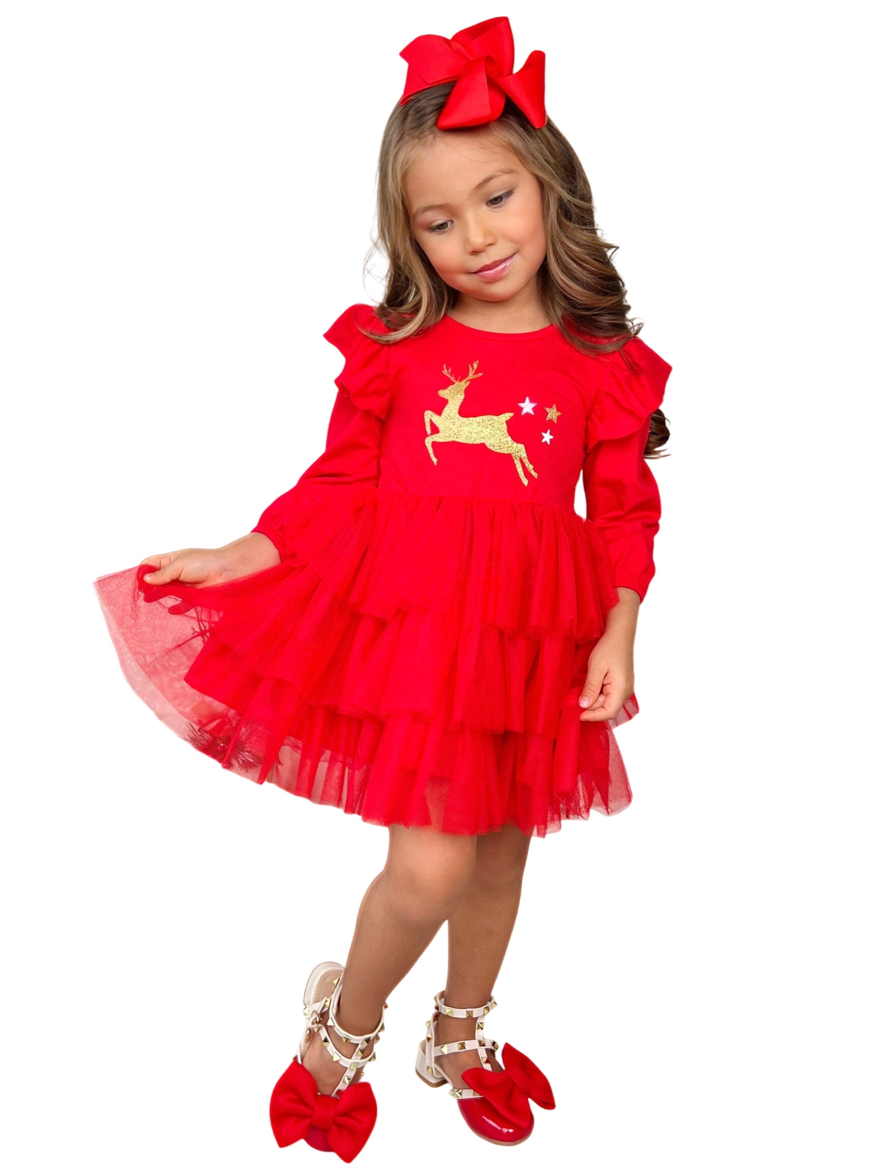 Golden Reindeer Ruffled Tutu Dress