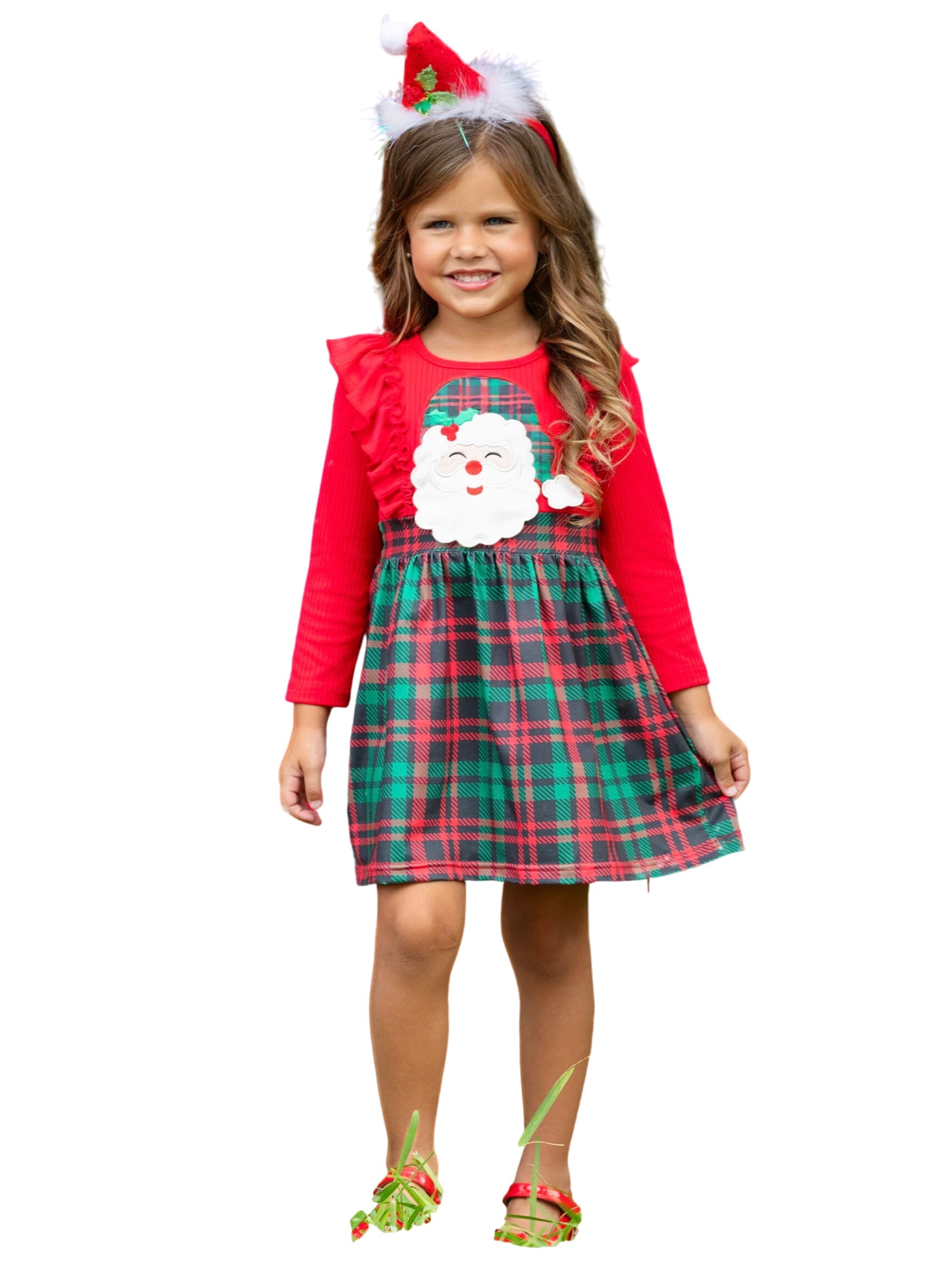 Santa Ruffled Plaid Long Sleeve Dress