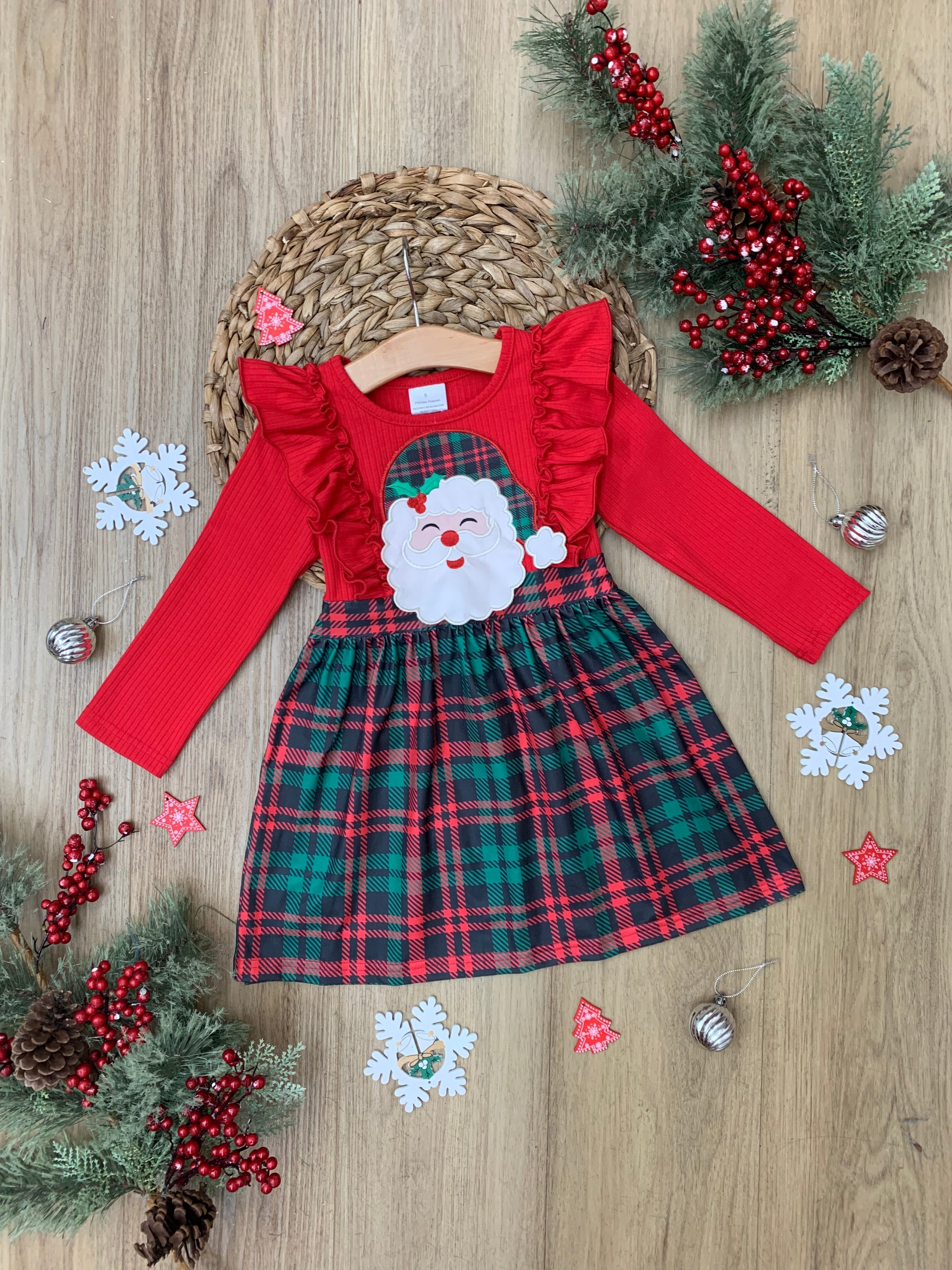 Santa Ruffled Plaid Long Sleeve Dress