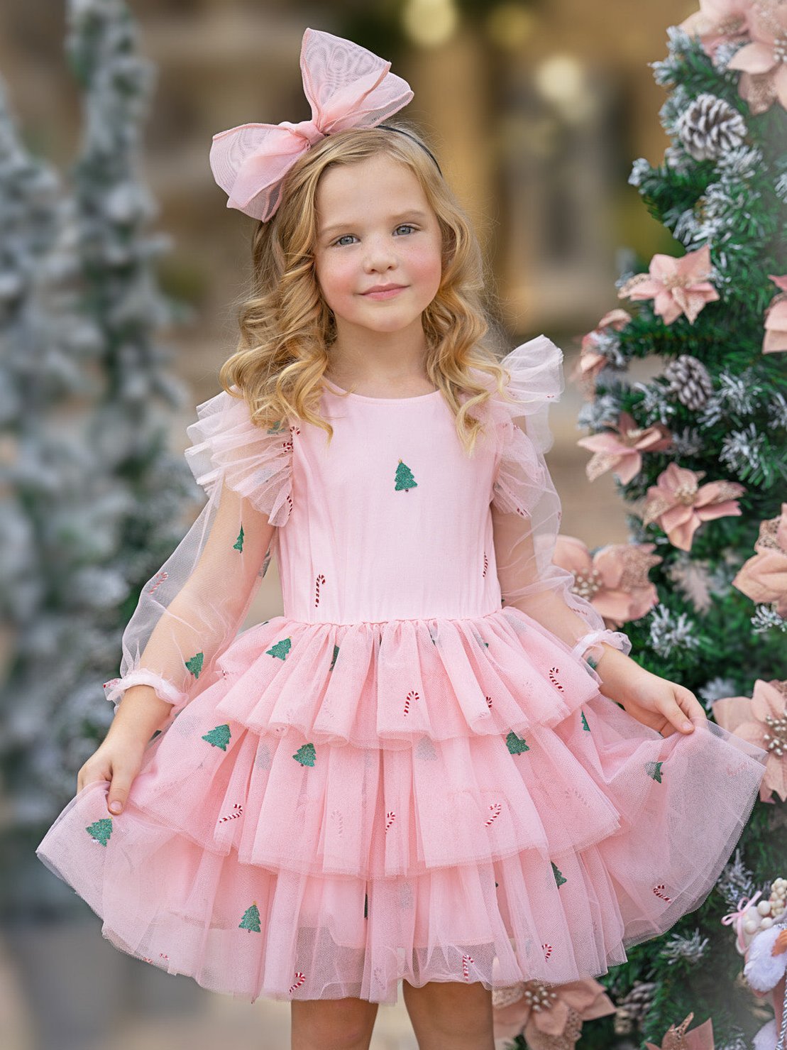 Frosted Pink Candy Cane Christmas Ruffled Tutu Dress