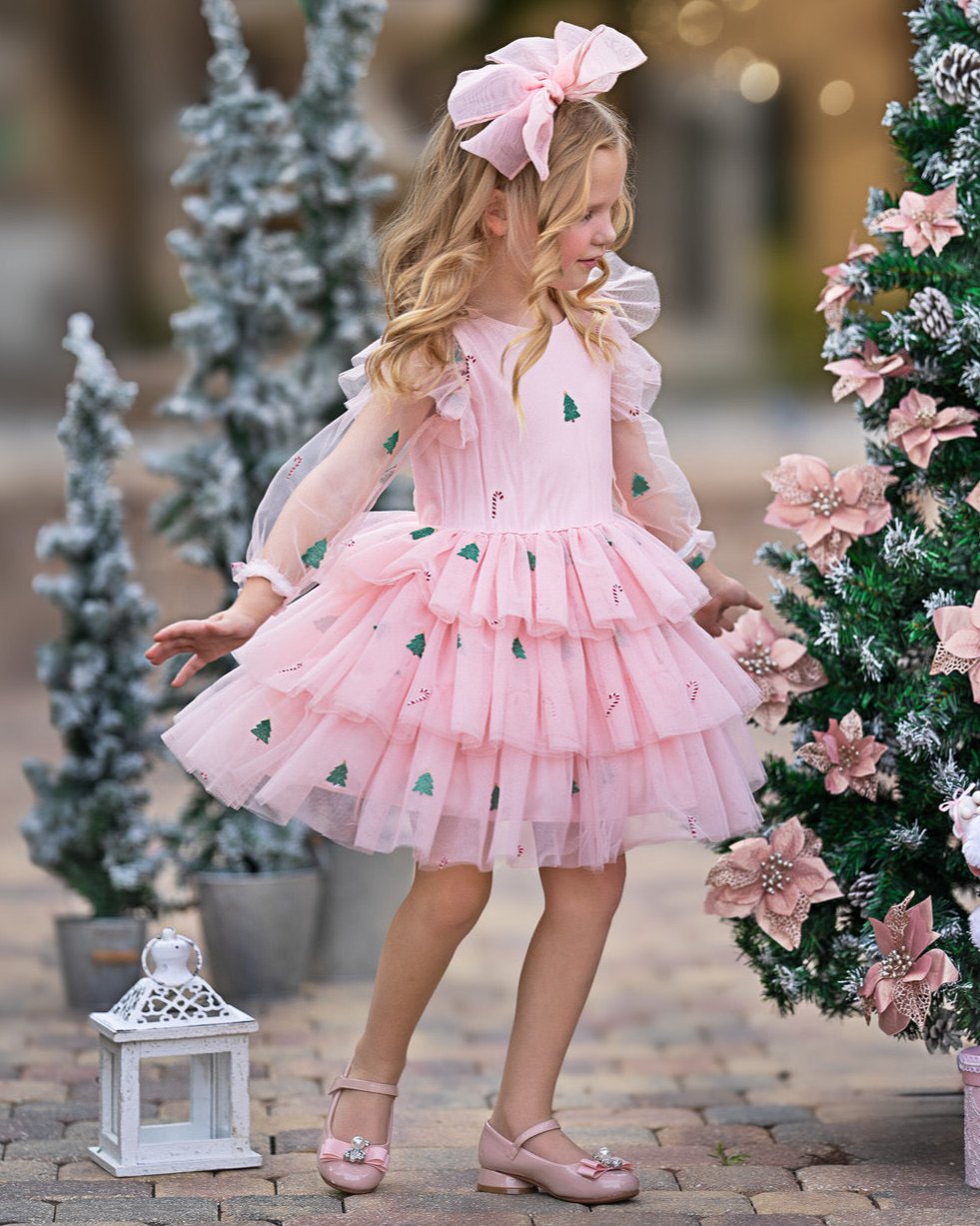 Frosted Pink Candy Cane Christmas Ruffled Tutu Dress